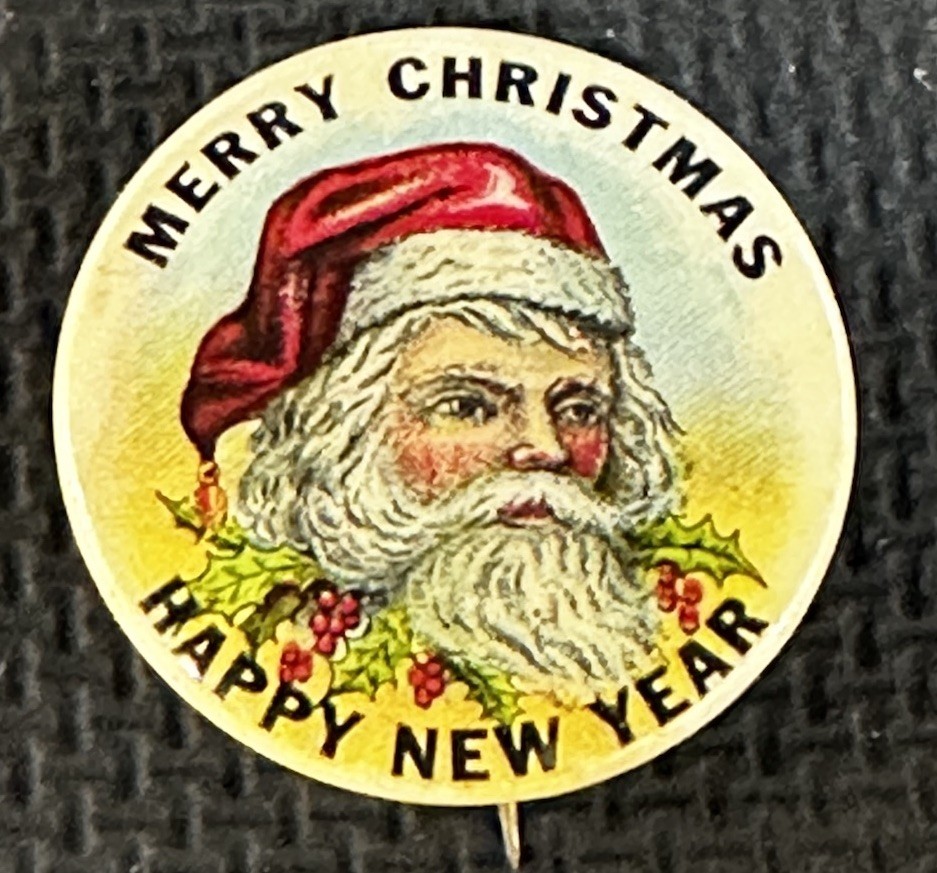 VINTAGE 1940s SANTA CLAUS CHRISTMAS CELLULOID PINBACK BUTTON HAPPY NEW YEAR VINTAGE 1940s SANTA CLAUS CHRISTMAS CELLULOID PINBACK BUTTON HAPPY NEW YEAR