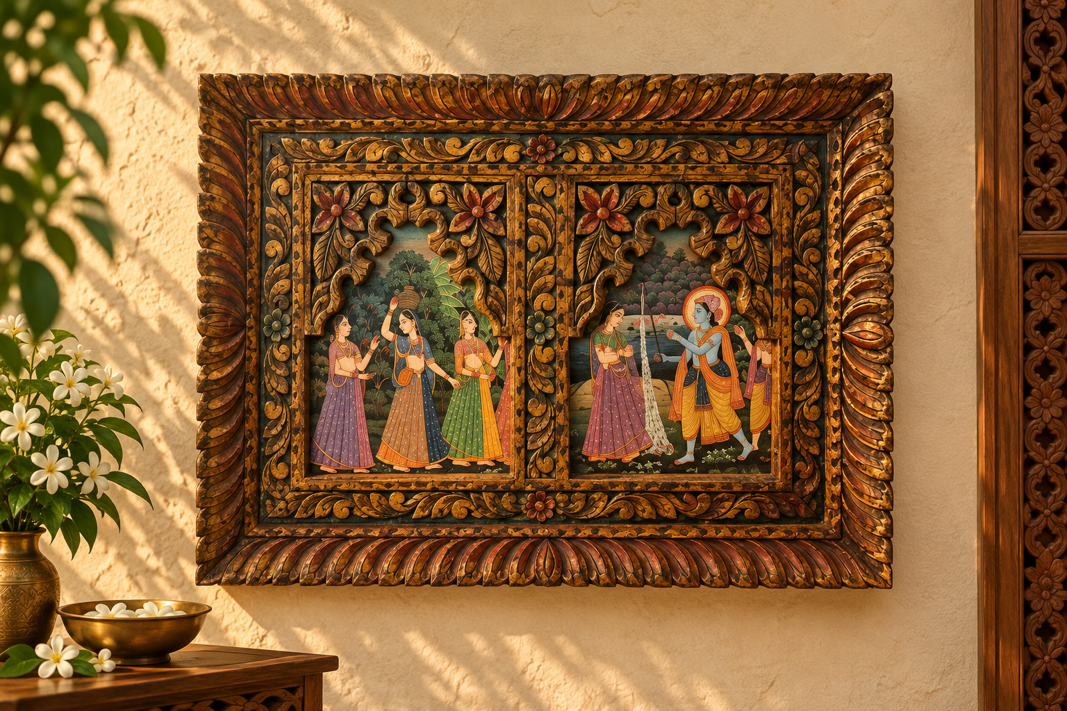 Vintage Wooden Wall Art Hand Carved Indian Krishna and Gopis Panel Paper Art Vintage Wooden Wall Art Hand Carved Indian Krishna and Gopis Panel Paper Art