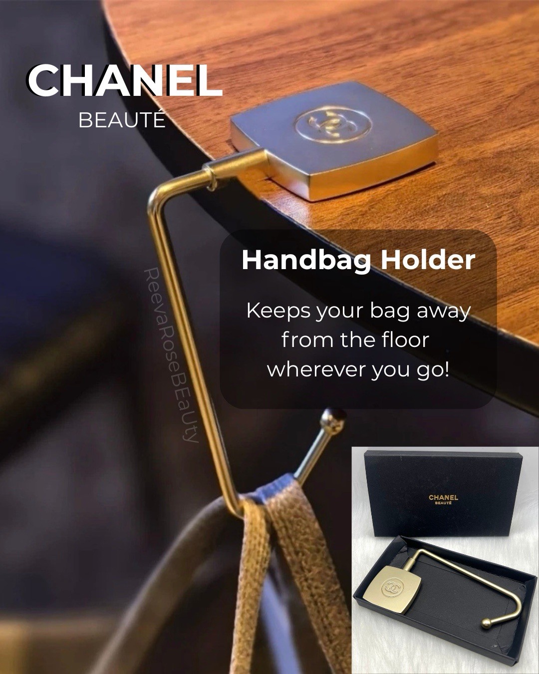 CHANEL Beaute CC Handbag Holder Purse Table Hook Gold Black BNIB GWP
