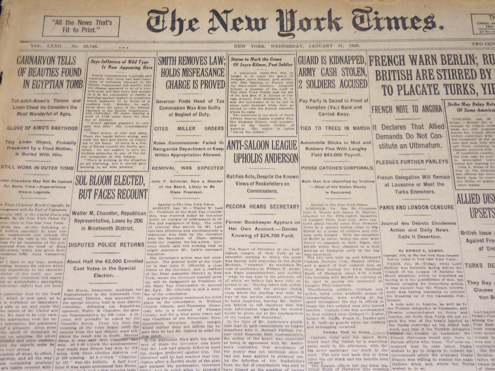 1923 JANUARY 31 NEW YORK TIMES- CARNARVON TELLS OF BEAUTIES FOUND TOMB - NT 7896 1923 JANUARY 31 NEW YORK TIMES- CARNARVON TELLS OF BEAUTIES FOUND TOMB - NT 7896