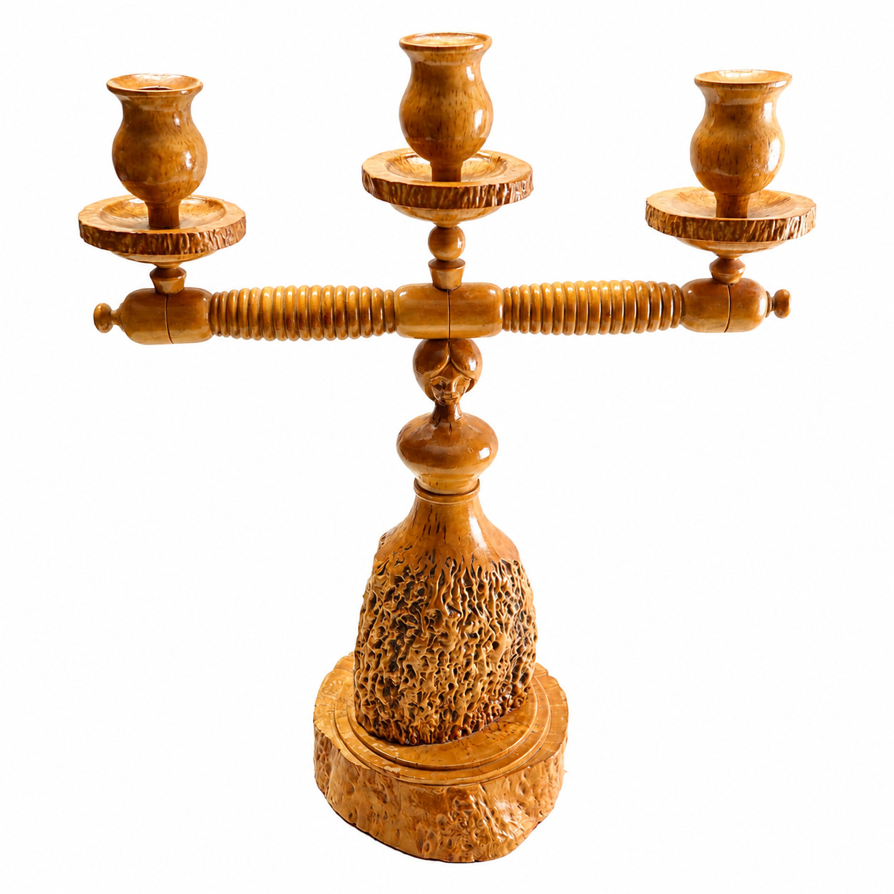 Vintage 1960s-70s Belarus Hand Carved Wood Woman 3 Arm Candelabra 15.5"
