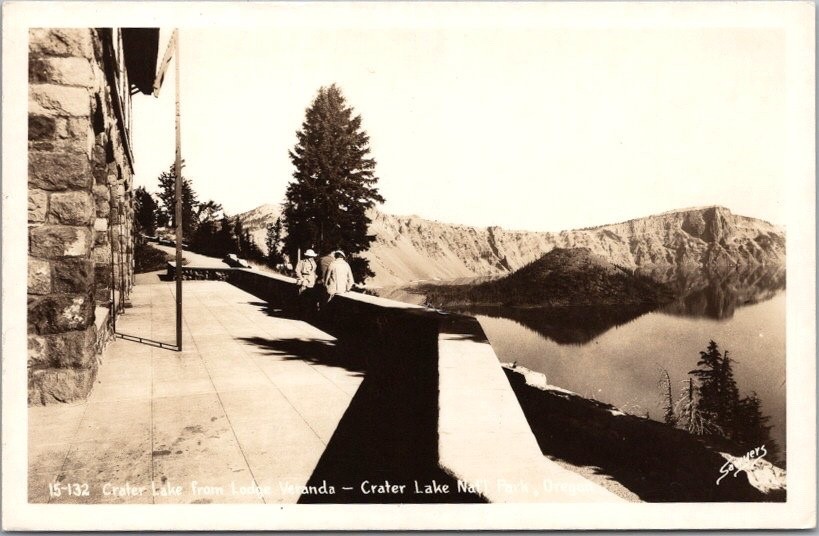 c1940s CRATER LAKE NATIONAL PARK Oregon Photo RPPC Postcard "From Lodge Veranda" c1940s CRATER LAKE NATIONAL PARK Oregon Photo RPPC Postcard "From Lodge Veranda"