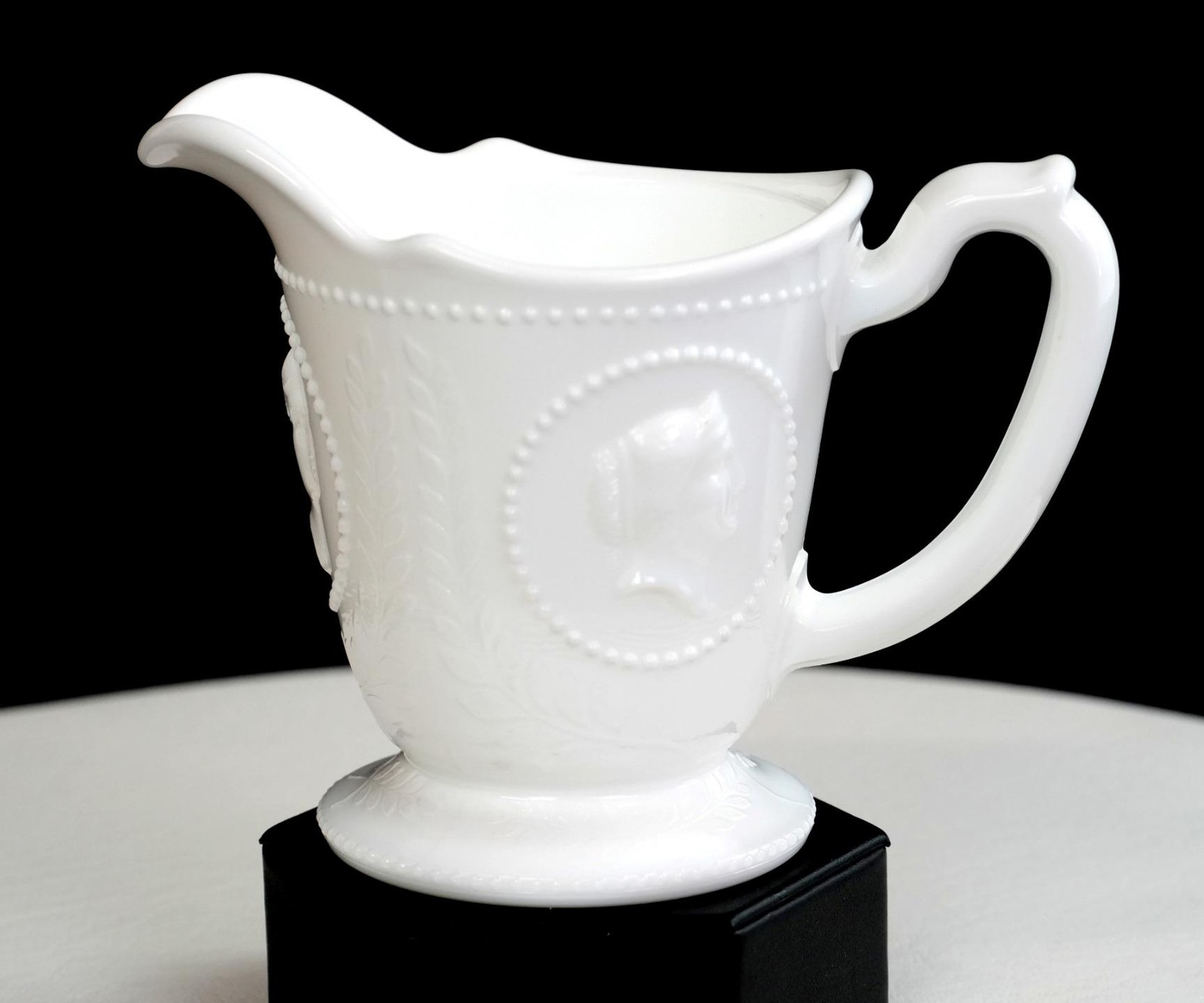 Atterbury & Co. Milk Glass EAPG Medallion AKA Ceres Antique 4 3/4" Creamer 1870s Atterbury & Co. Milk Glass EAPG Medallion AKA Ceres Antique 4 3/4" Creamer 1870s