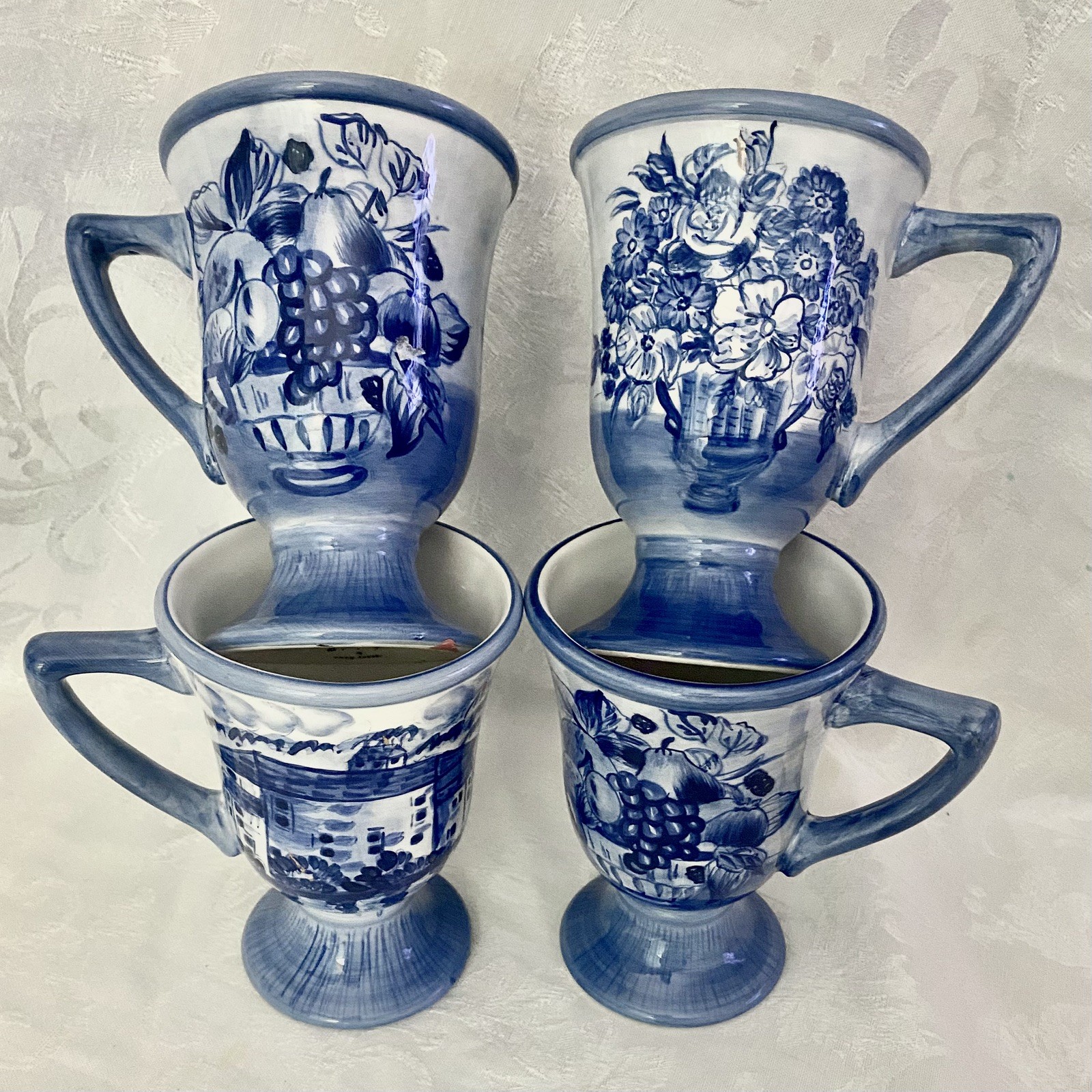 Artimino Tuscany Dawn Footed Coffee Mugs Delft Style 5.25" Set of 4 - VTG - NOS