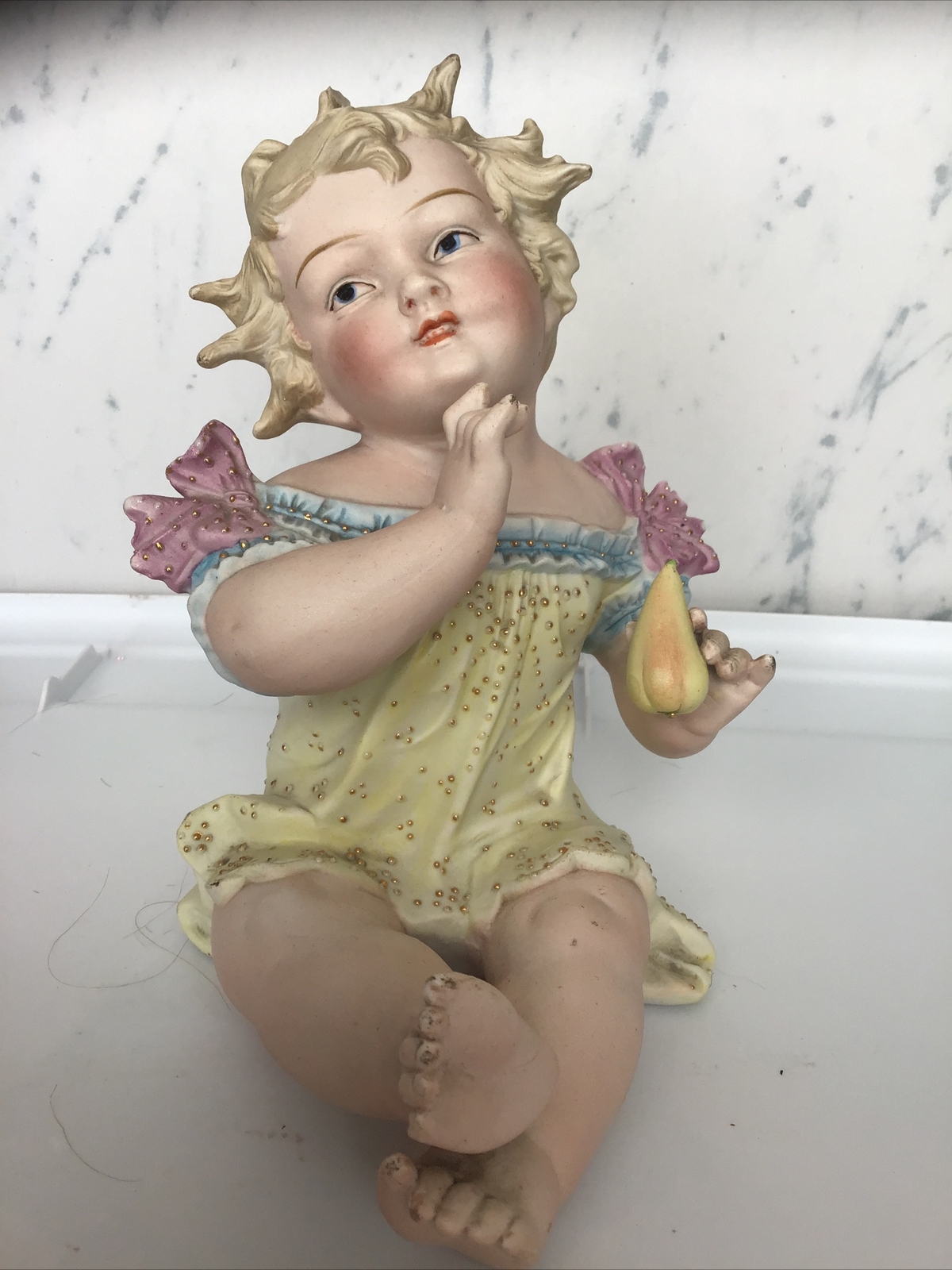 Antique Conta&Boehme BISQUE Porcelain PIANO Baby Figurine GIRL Holding Pear Antique Conta&Boehme BISQUE Porcelain PIANO Baby Figurine GIRL Holding Pear