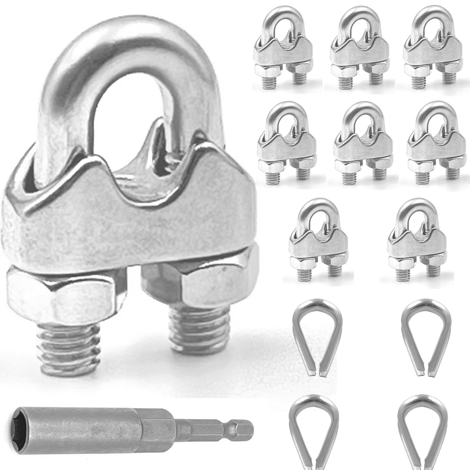 8 Pcs M5 Cable Clamps & 4 Pcs 3/16" Thimbles, Wire Rope Fasteners, Heavy Duty 8 Pcs M5 Cable Clamps & 4 Pcs 3/16" Thimbles, Wire Rope Fasteners, Heavy Duty
