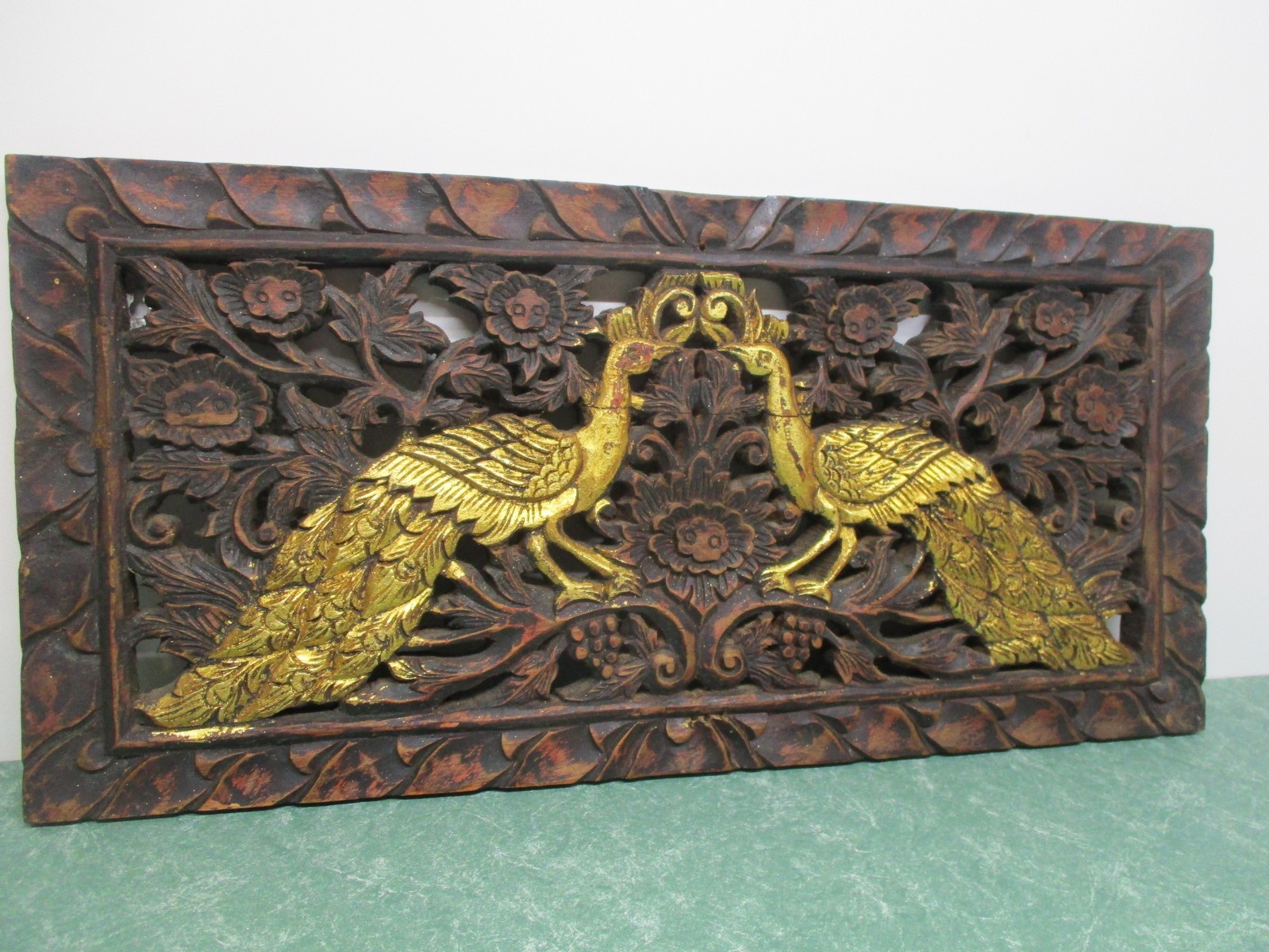 Vintage Hand Carved Chinese Plaque W/Peacocks Floral Details 23 3/4 X 11 1/4" Vintage Hand Carved Chinese Plaque W/Peacocks Floral Details 23 3/4 X 11 1/4"