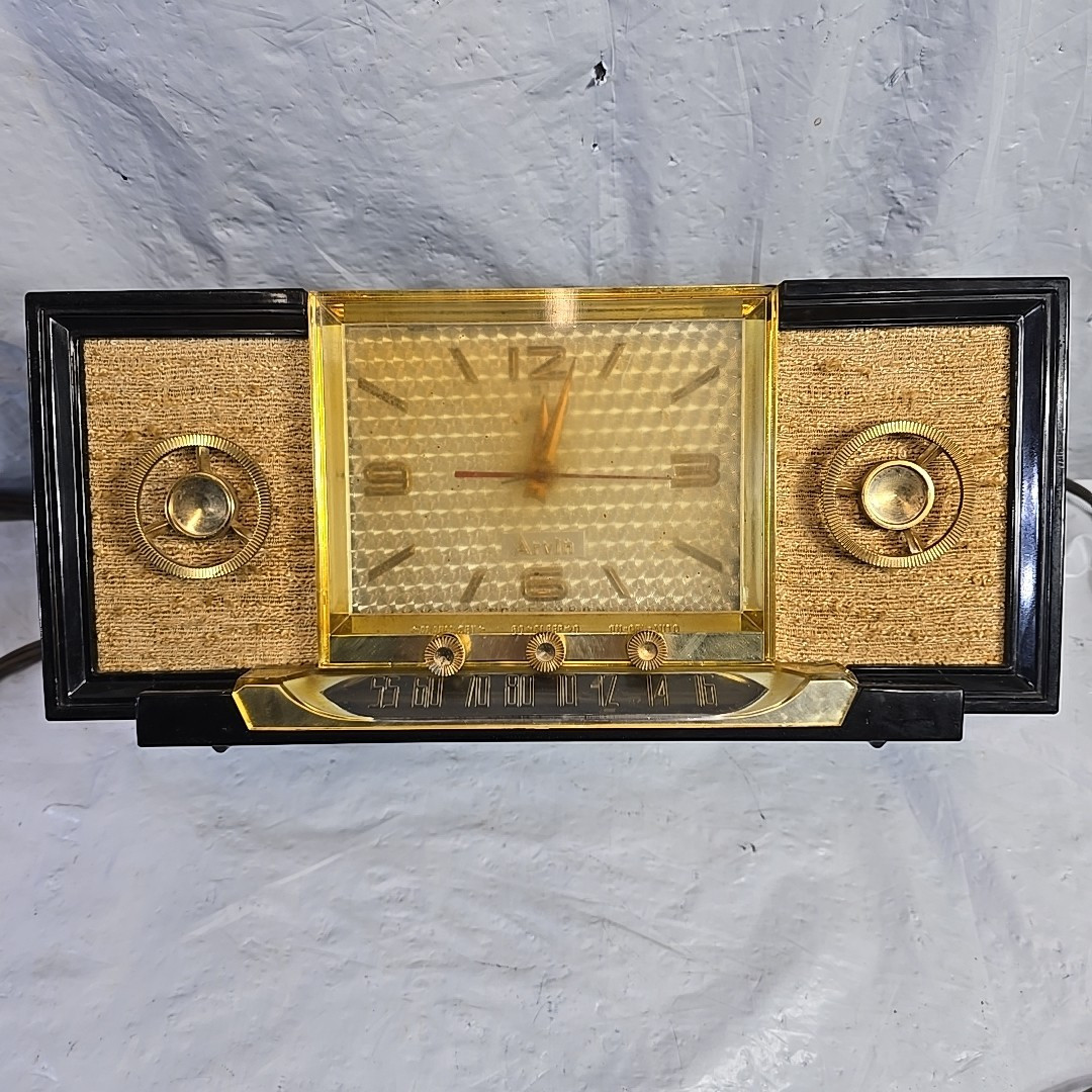 1955 Arvin Model 958T 5 Tube Day Date Clock AM Radio Black Bakelite Restorative 1955 Arvin Model 958T 5 Tube Day Date Clock AM Radio Black Bakelite Restorative