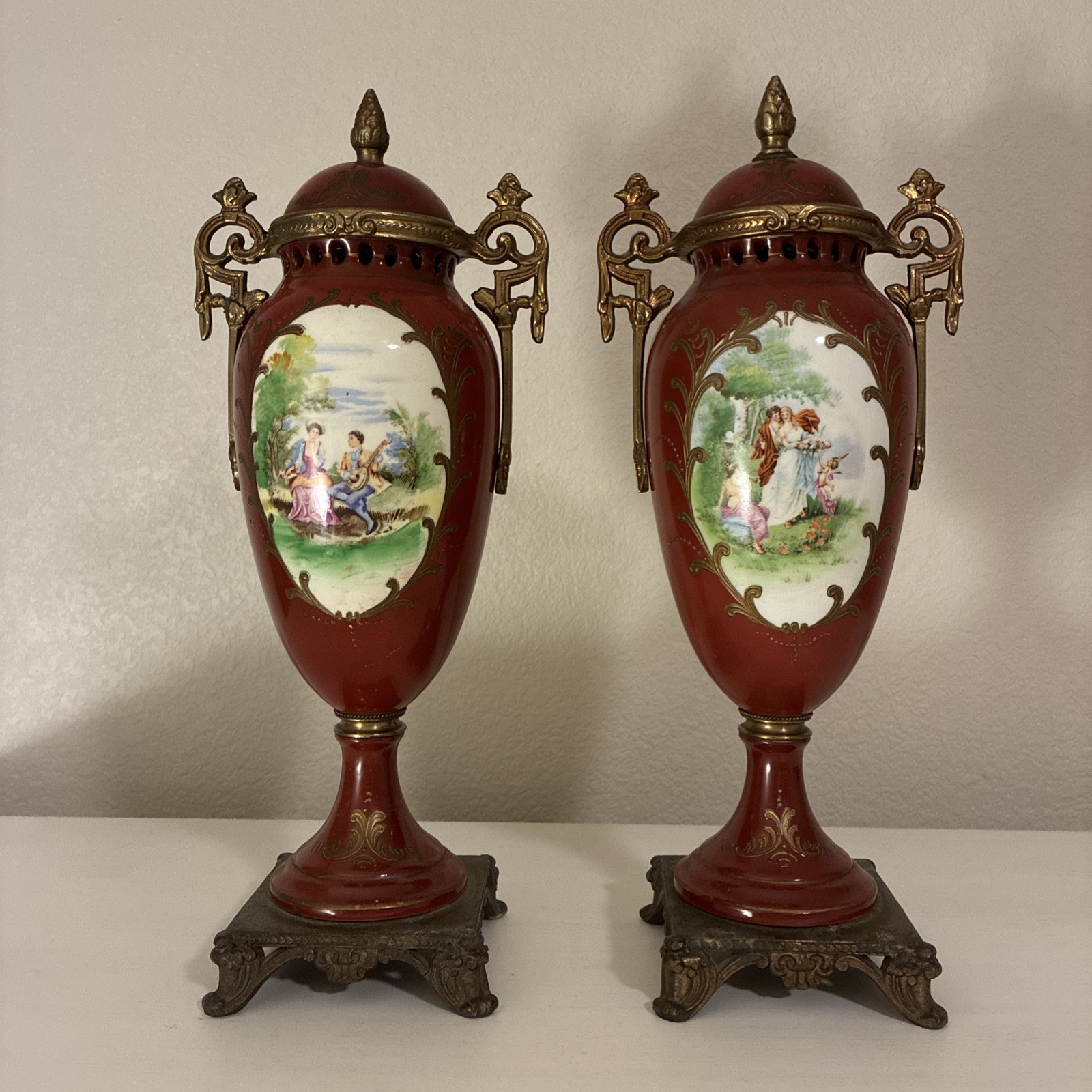 Pair Of French Sevres Style Urns Vintage 15" tall