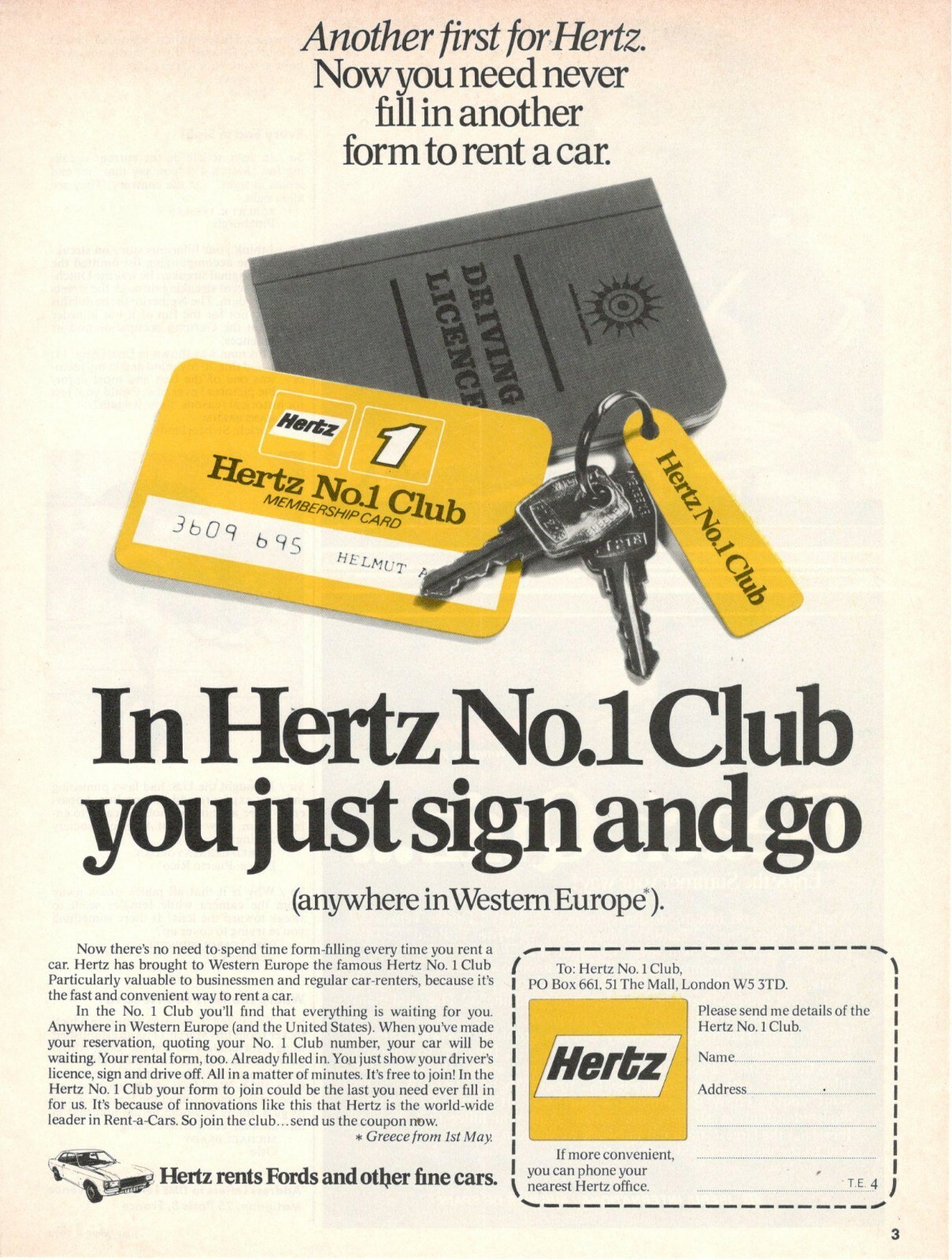 HERTZ Car Rental 1974 Vintage Advertisement RENT A CAR N.1 CLUB CARD HERTZ Car Rental 1974 Vintage Advertisement RENT A CAR N.1 CLUB CARD