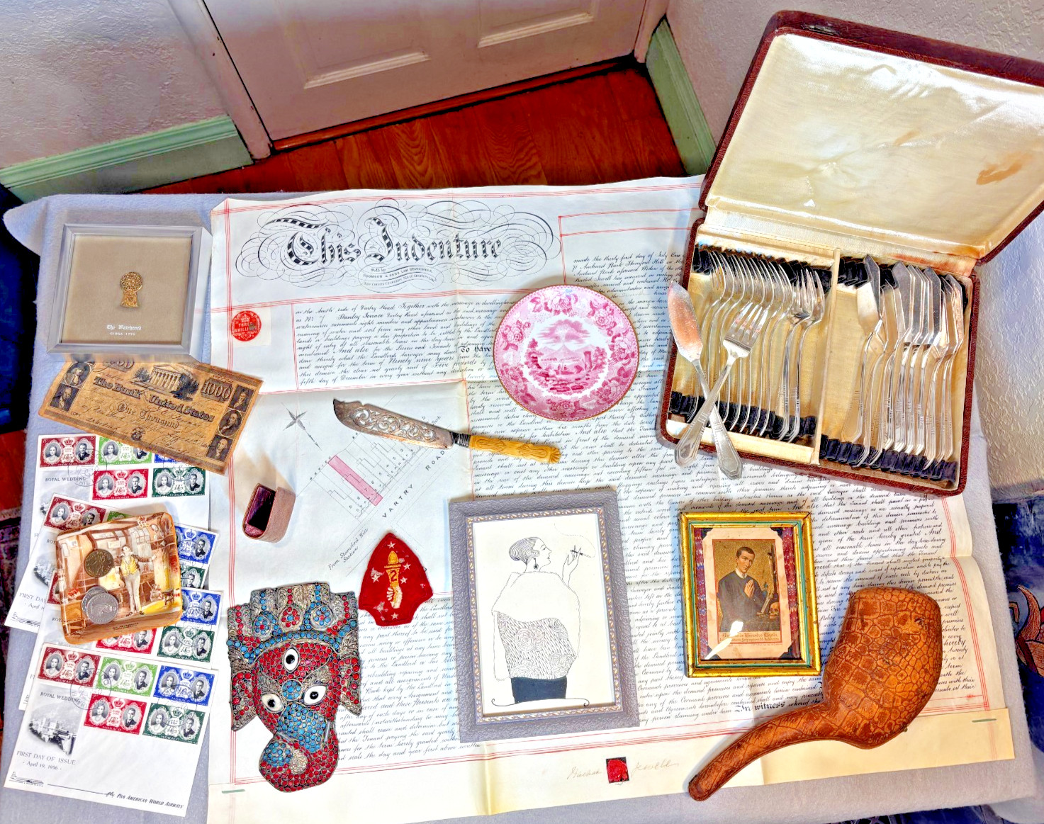 Junk Drawer Lot Vintage & Antiques 1890 velum indenture, Art Deco Silver Plate..