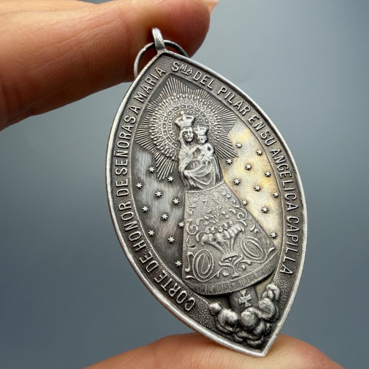 925 Sterling Silver Vintage Virgen del Pilar Virgin Mary Medal Pendant Spain