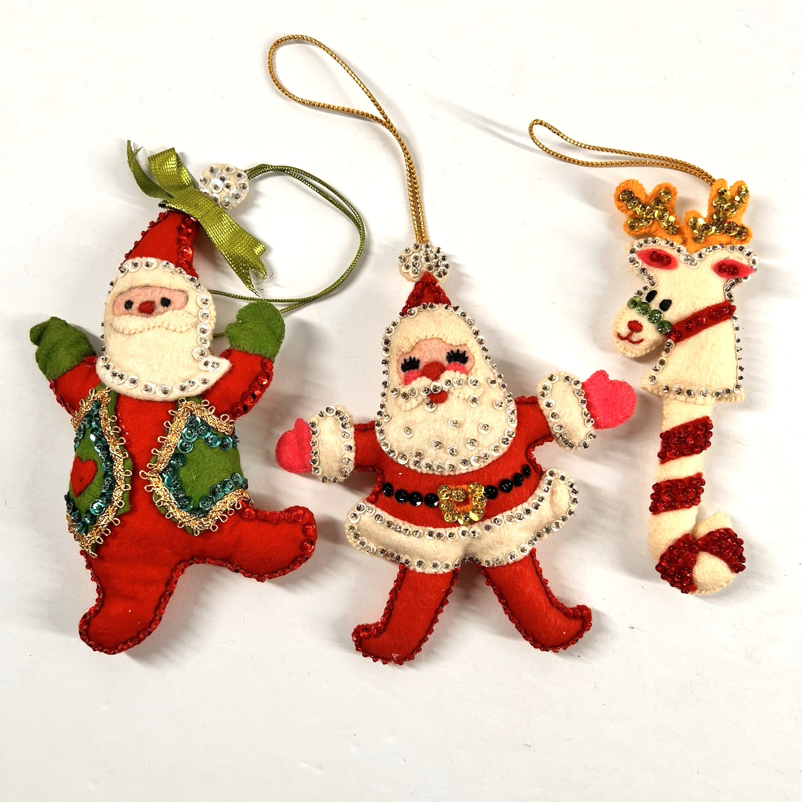 Vintage Set of 3 Bucilla Christmas Ornaments 2 Santas and Reindeer Candy Cane Vintage Set of 3 Bucilla Christmas Ornaments 2 Santas and Reindeer Candy Cane