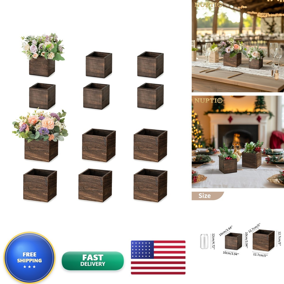 NUPTIO Small Wooden Box Centerpiece Brown Square 4"/5" 12 Pcs NUPTIO Small Wooden Box Centerpiece Brown Square 4"/5" 12 Pcs