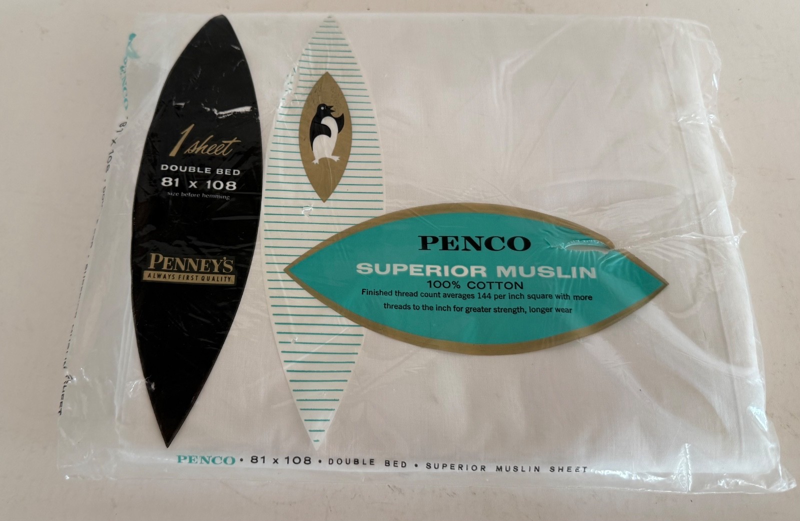 Vintage Penco Superior Muslin Cotton White Double Sheet 81 X 108 NIP Vintage Penco Superior Muslin Cotton White Double Sheet 81 X 108 NIP