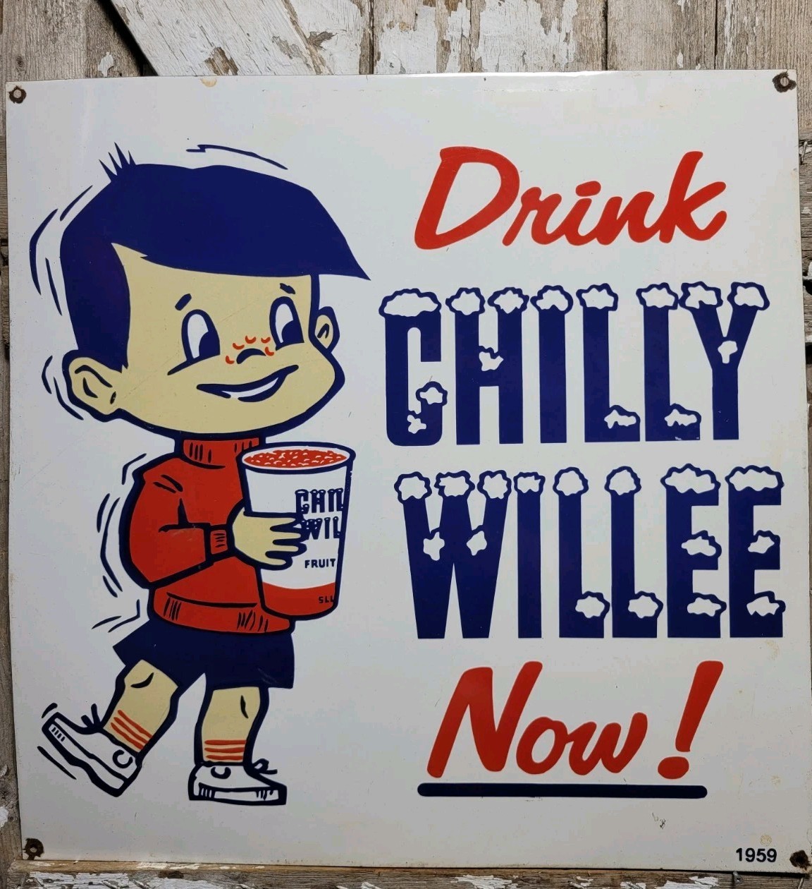 VINTAGE CHILLY WILLEE PORCELAIN SIGN 30" OLD 1959 ICE SLUSHIE DRINK BEVERAGE BOY