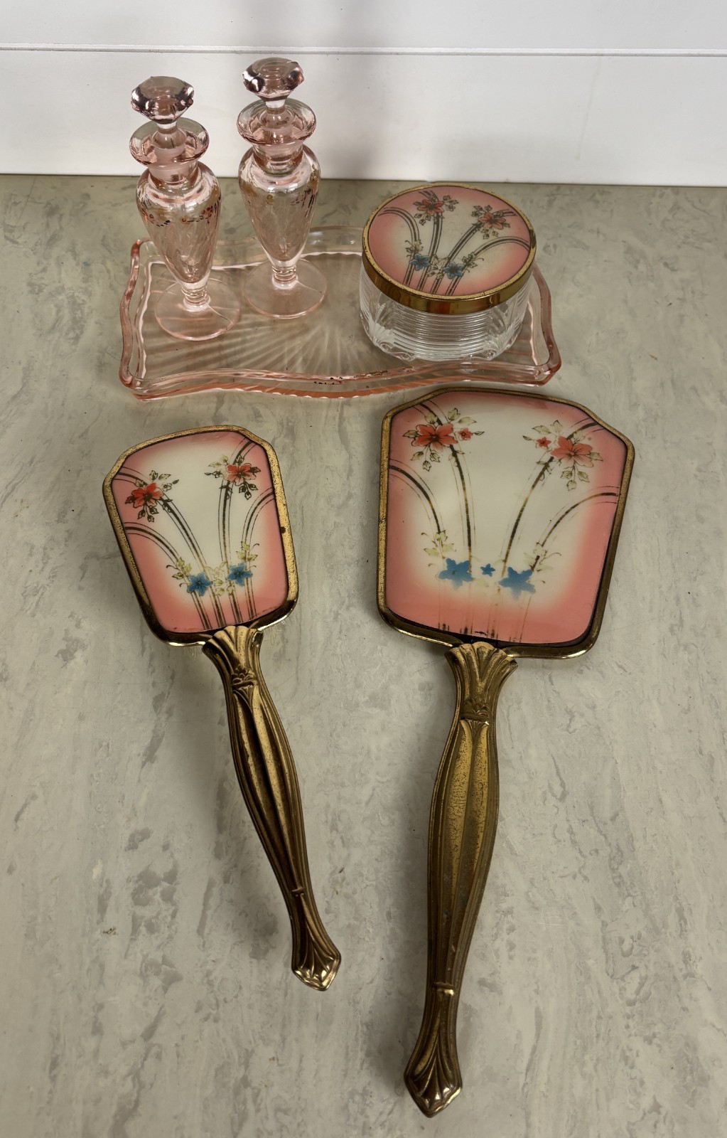 Vintage Gold Tone Pink Vanity Set 6pc Flowered Mirror Brush Perfume Bottles Glam Vintage Gold Tone Pink Vanity Set 6pc Flowered Mirror Brush Perfume Bottles Glam