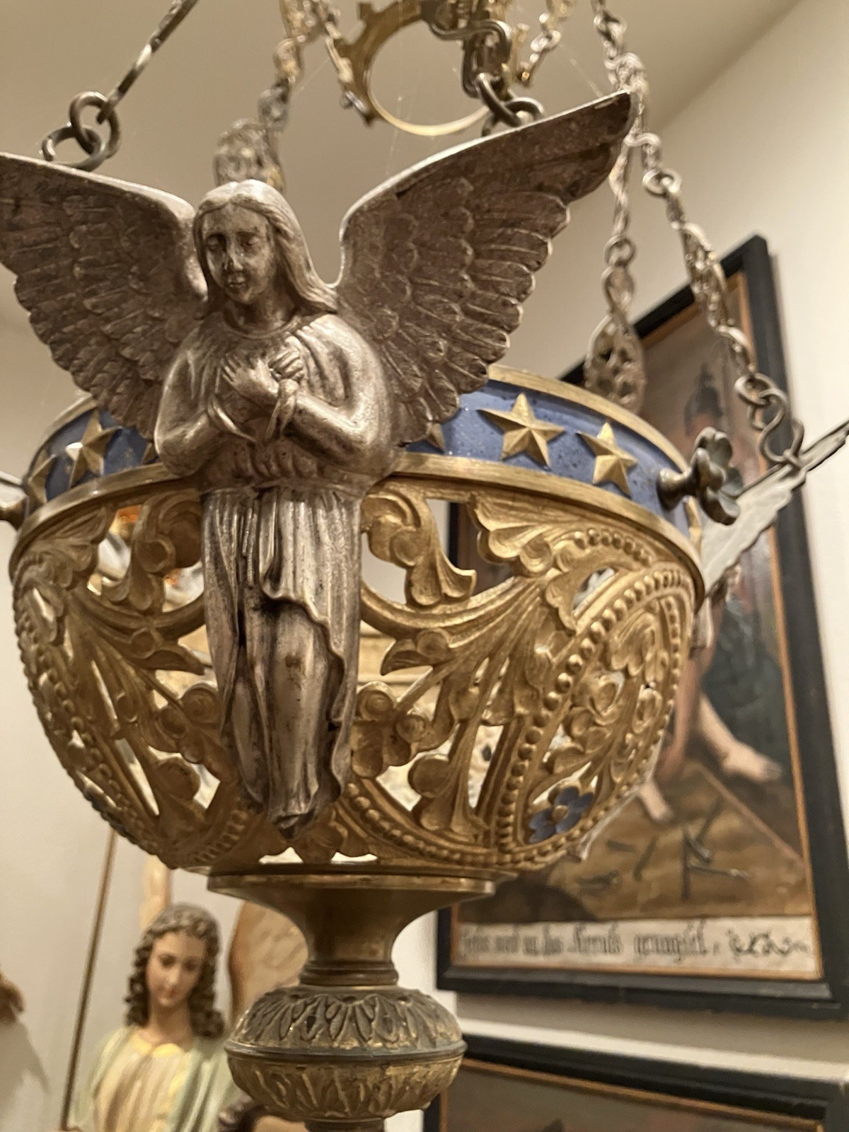 Antique Hanging Sanctuary Lamp w Angels Ornate from Church in France