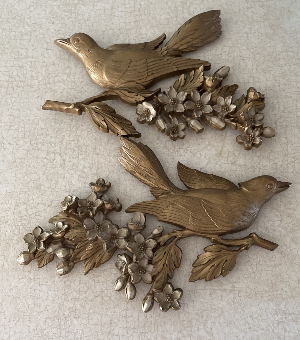 VTG 1960’s SYROCO HOMCO  WALL DECOR MCM BIRDS DOGWOOD RETRO GOLDTONE