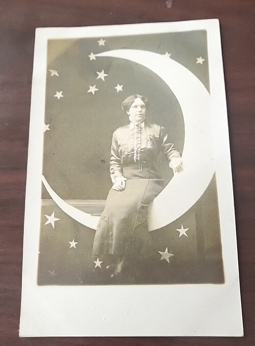 Vintage B&W Real Photo Postcard Studio Lady Sittting Paper Moon RPPC Unposted Vintage B&W Real Photo Postcard Studio Lady Sittting Paper Moon RPPC Unposted
