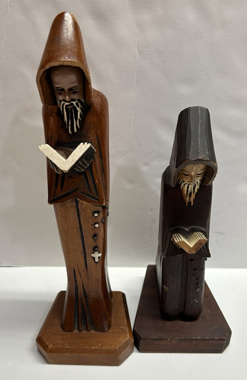 2 VTG Mexican Folk Art Hand Carved Wood Standing Hooded Monk Priest Friar 2 VTG Mexican Folk Art Hand Carved Wood Standing Hooded Monk Priest Friar