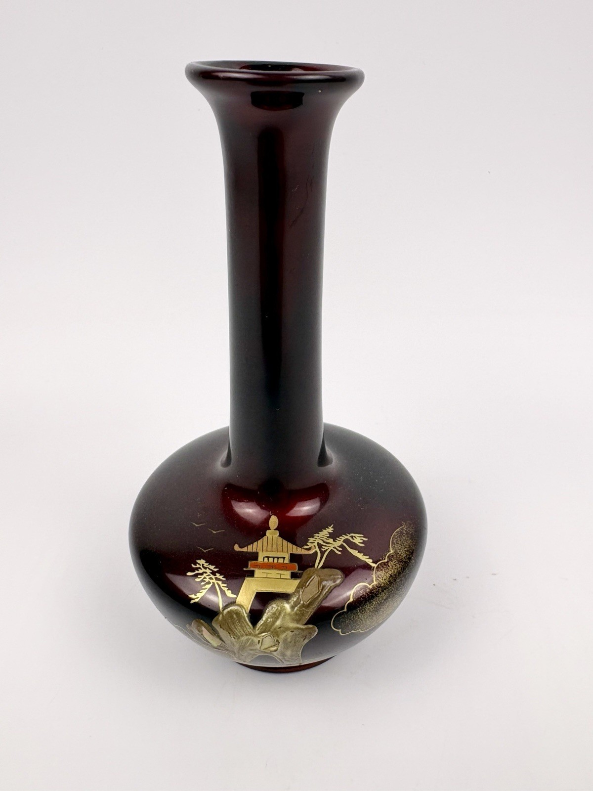 Vintage Japanese Porcelain Royal Maruni Metal Etched Scene Vase Vintage Japanese Porcelain Royal Maruni Metal Etched Scene Vase