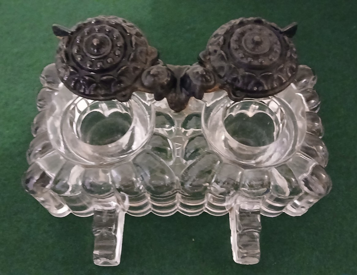 Antique 1857-1901 "Tatum" Double Inkwell w/Pressed Glass and Cast-Iron Lids