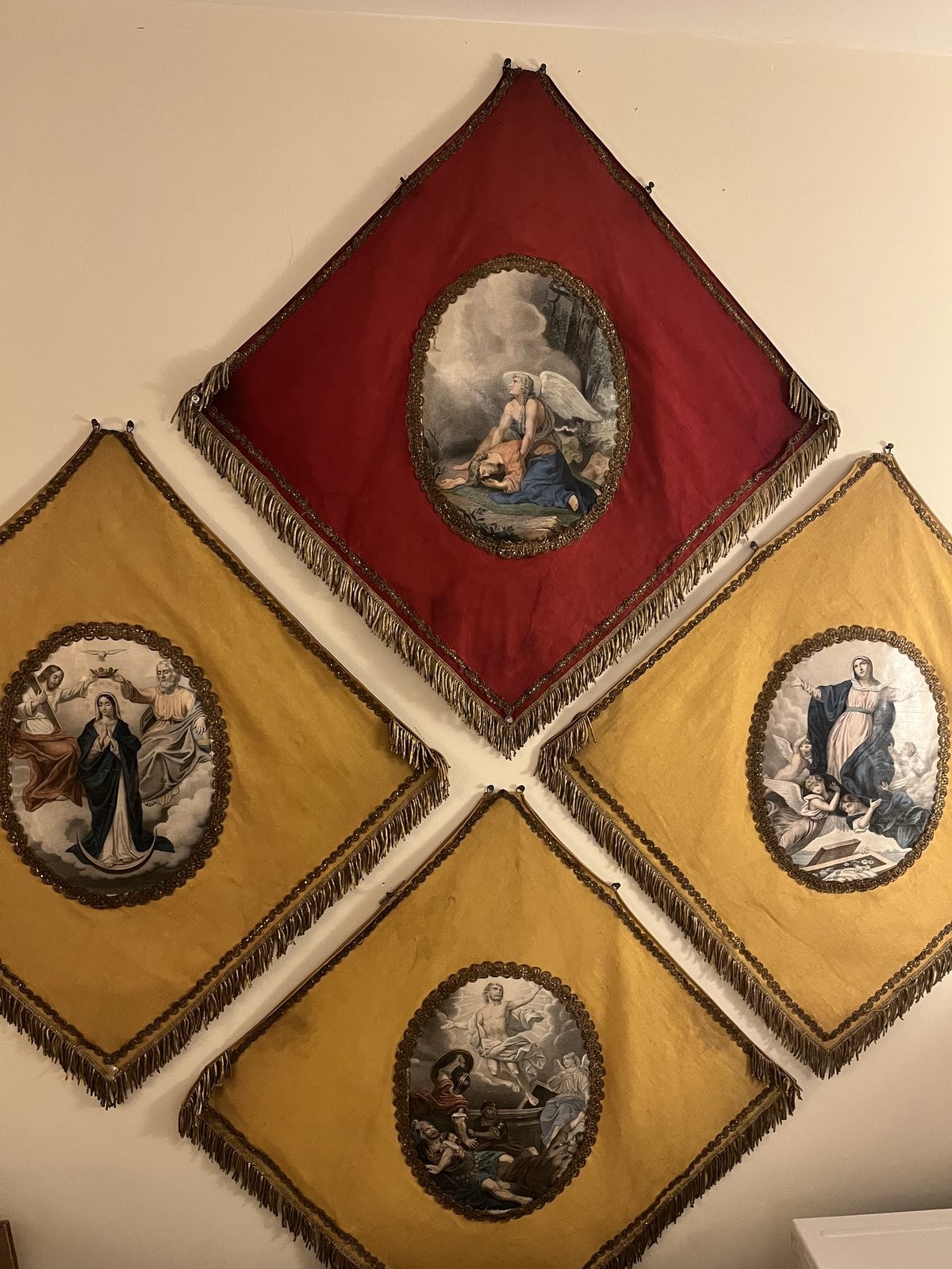 Rare Late 19th C French Religious Processional Banners Silk Gold Fringe Original Rare Late 19th C French Religious Processional Banners Silk Gold Fringe Original