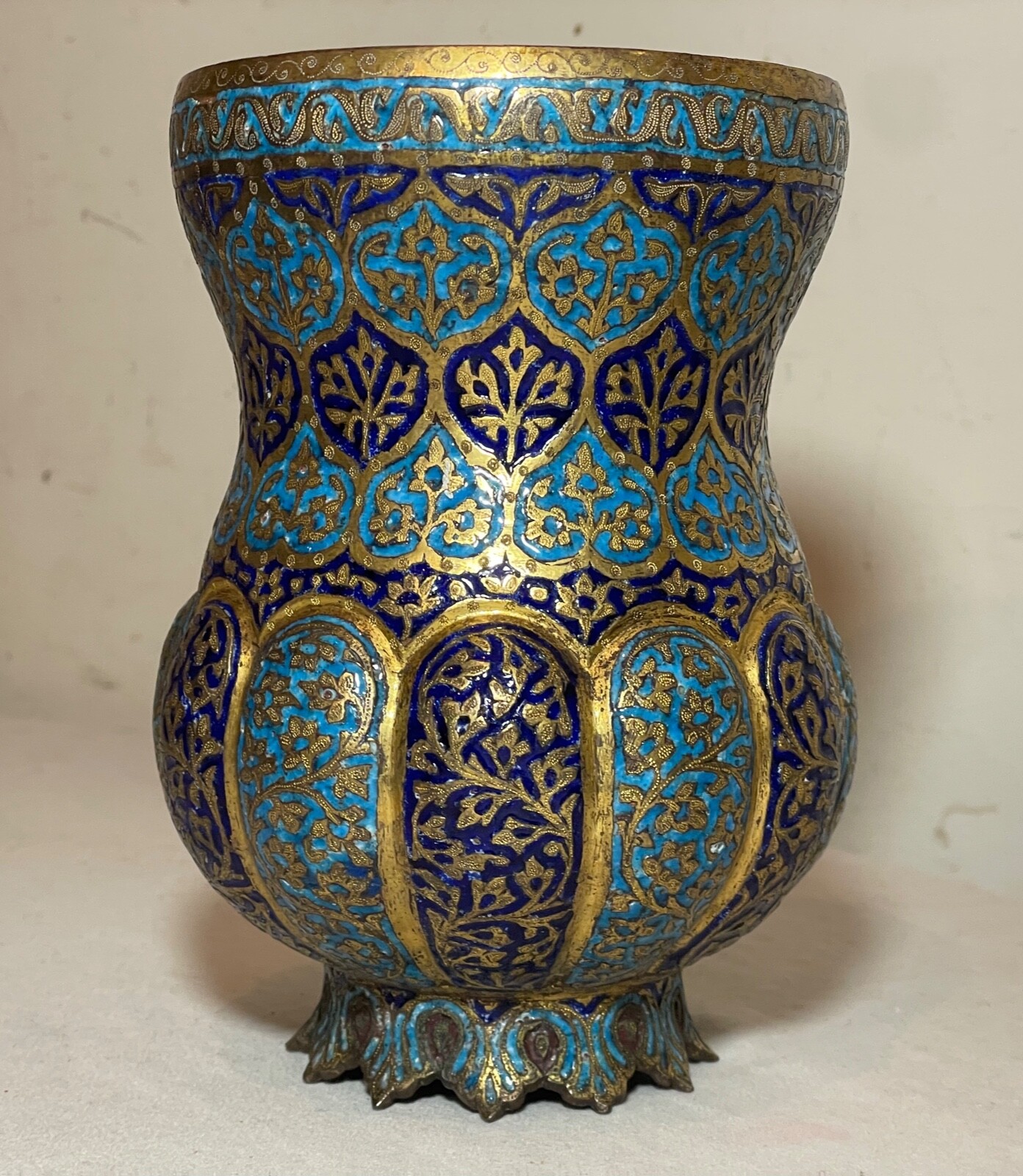 RARE Antique Ornate 18th Century Kashmir India Gold Gilt Copper Enameled Vase RARE Antique Ornate 18th Century Kashmir India Gold Gilt Copper Enameled Vase