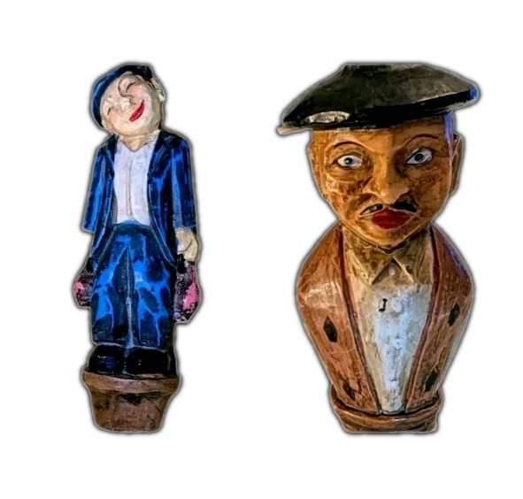2 Vtg 1940s-50s Anri Style Wine Cork German Carved Wood Composite Bottle Stopper 2 Vtg 1940s-50s Anri Style Wine Cork German Carved Wood Composite Bottle Stopper