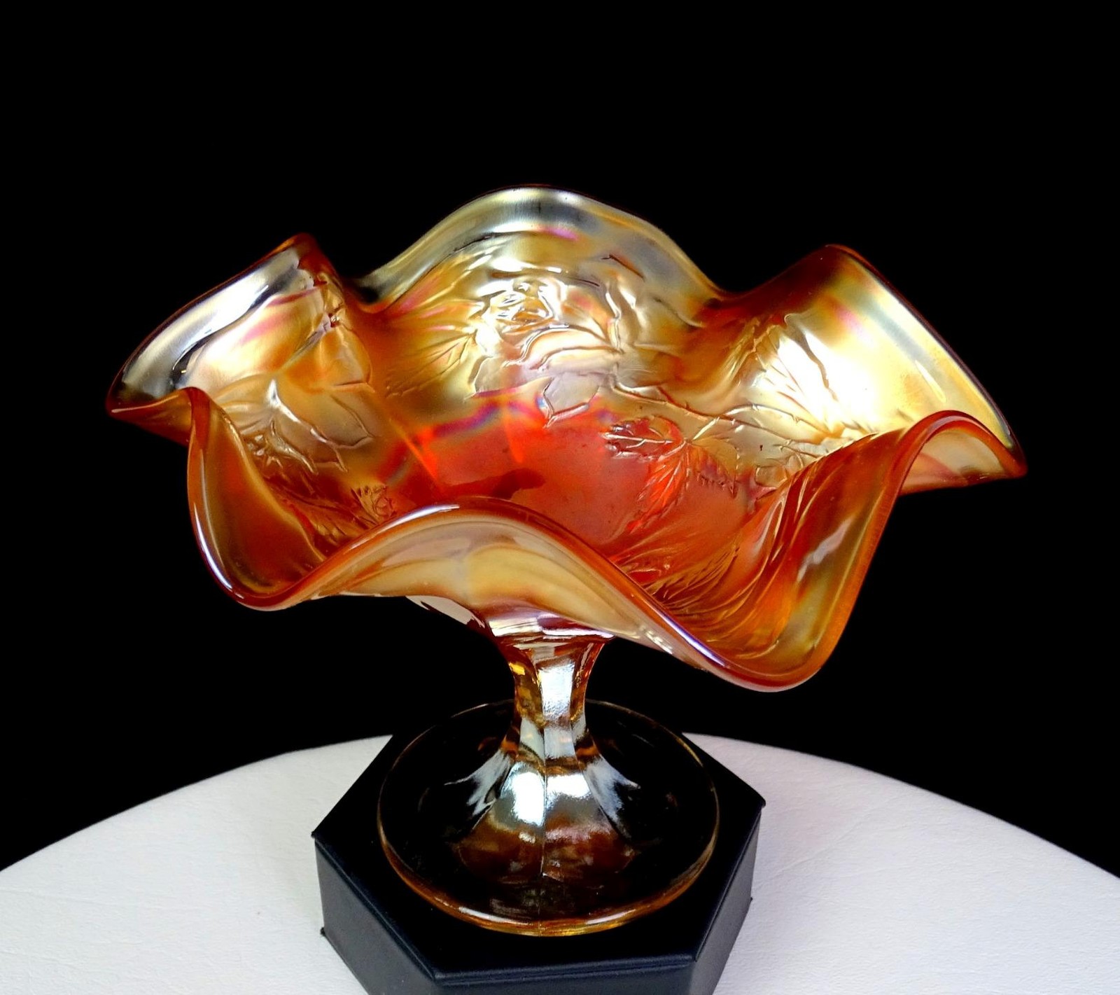 Fenton Carnival Glass Marigold Wreath of Roses Antique 4 3/4" Compote 1910-1915 Fenton Carnival Glass Marigold Wreath of Roses Antique 4 3/4" Compote 1910-1915