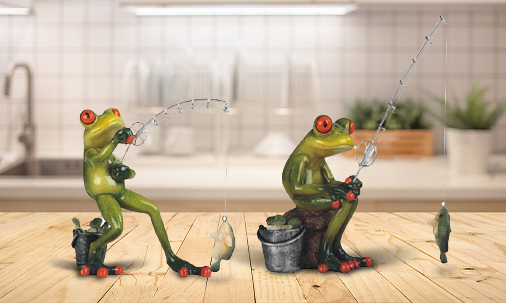2-PC Fishing Frog 6"H Figurine Ornament Home Decor Unique Gift