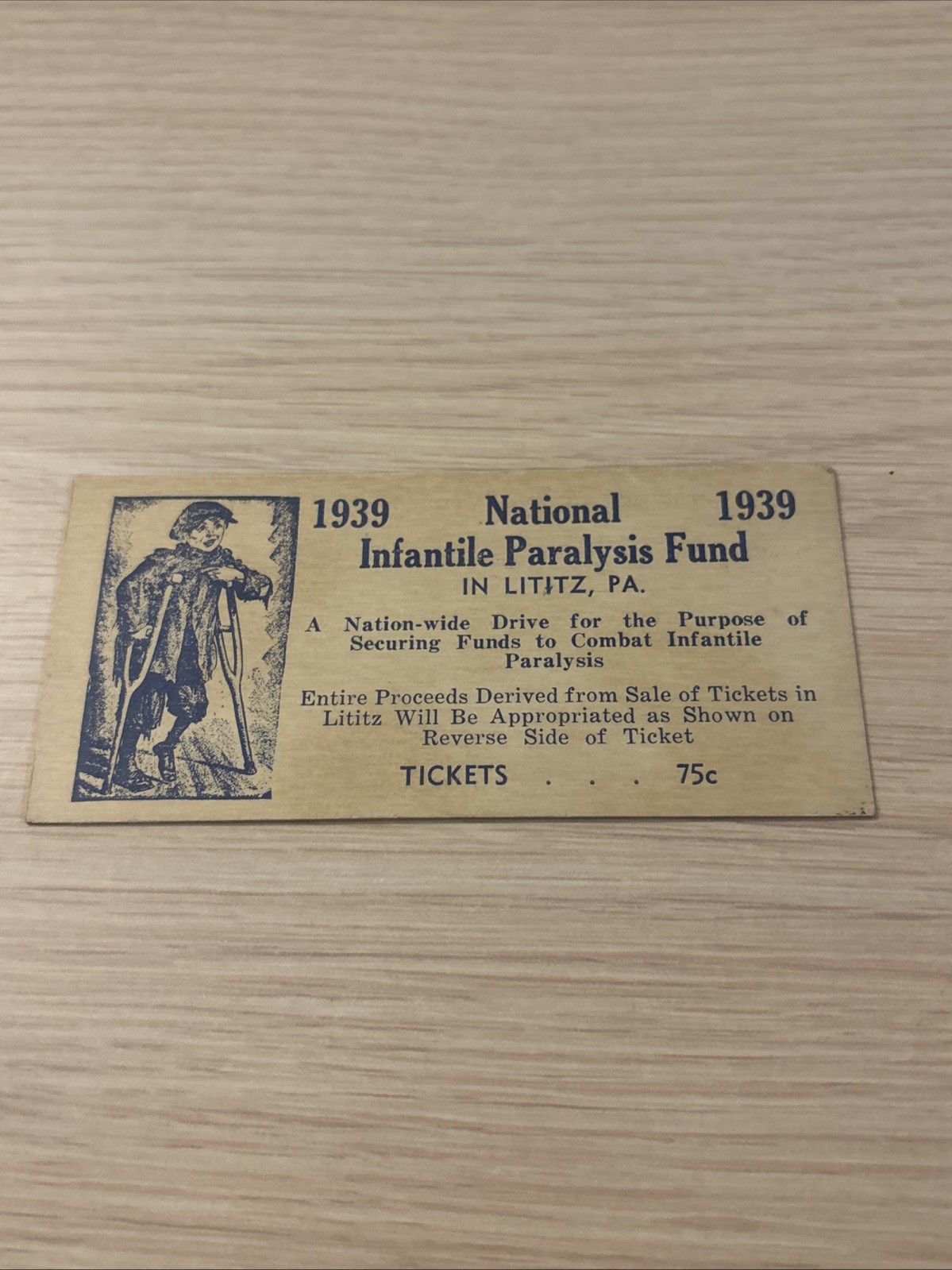 Vtg 1939 National Infantile Paralysis Fund Lititz PA Ticket Vtg 1939 National Infantile Paralysis Fund Lititz PA Ticket