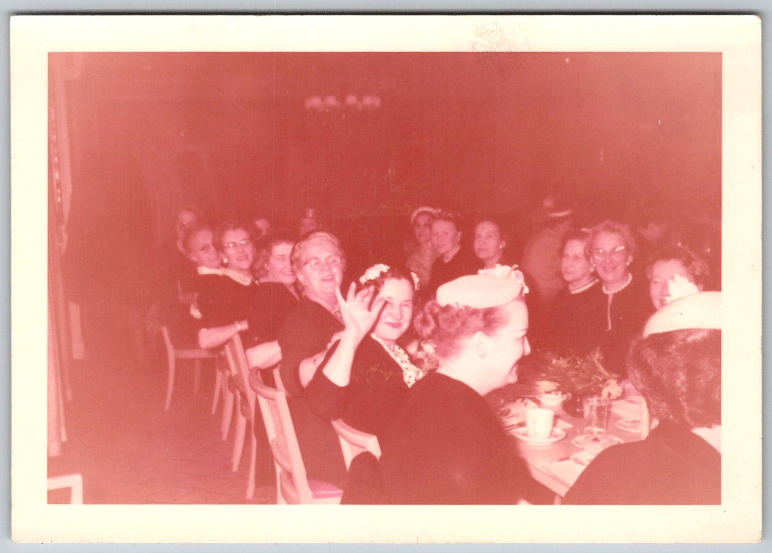 Vtg Color Snapshot Group Women Banquet Dinner Table Waving Party 1960s Vtg Color Snapshot Group Women Banquet Dinner Table Waving Party 1960s