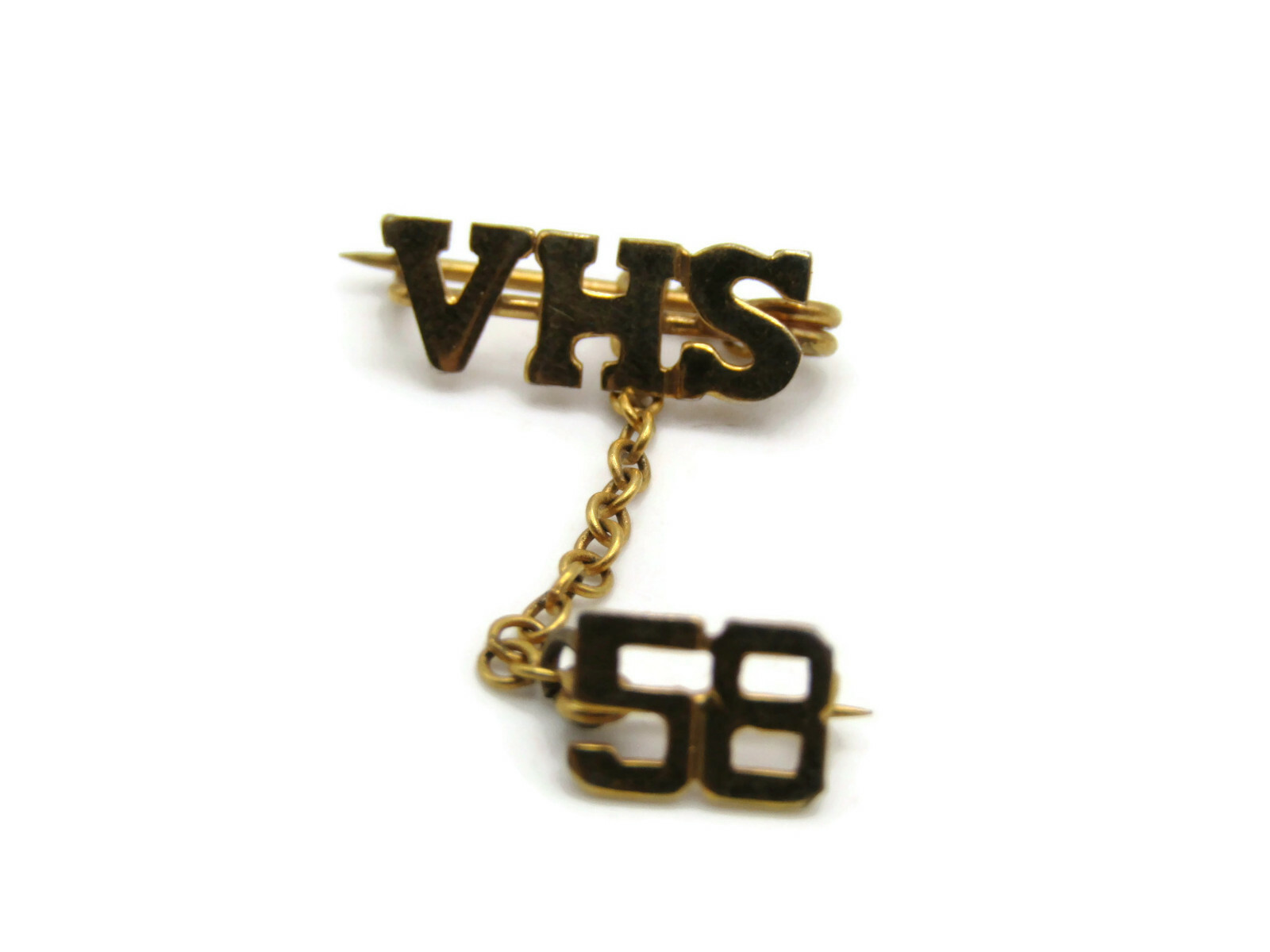 Vintage 1958 VHS High School Pin Gold Tone Letter Brooch w/ 58 Guard Chain Vintage 1958 VHS High School Pin Gold Tone Letter Brooch w/ 58 Guard Chain