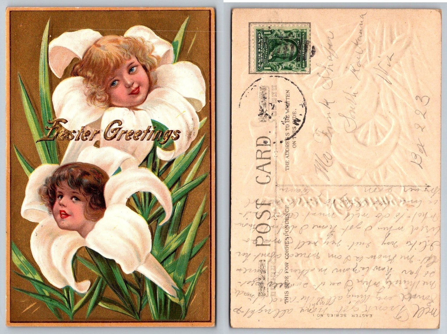 Antique 1909 Easter Greetings Postcard Embossed Lilies Cherubs Posted WI Antique 1909 Easter Greetings Postcard Embossed Lilies Cherubs Posted WI