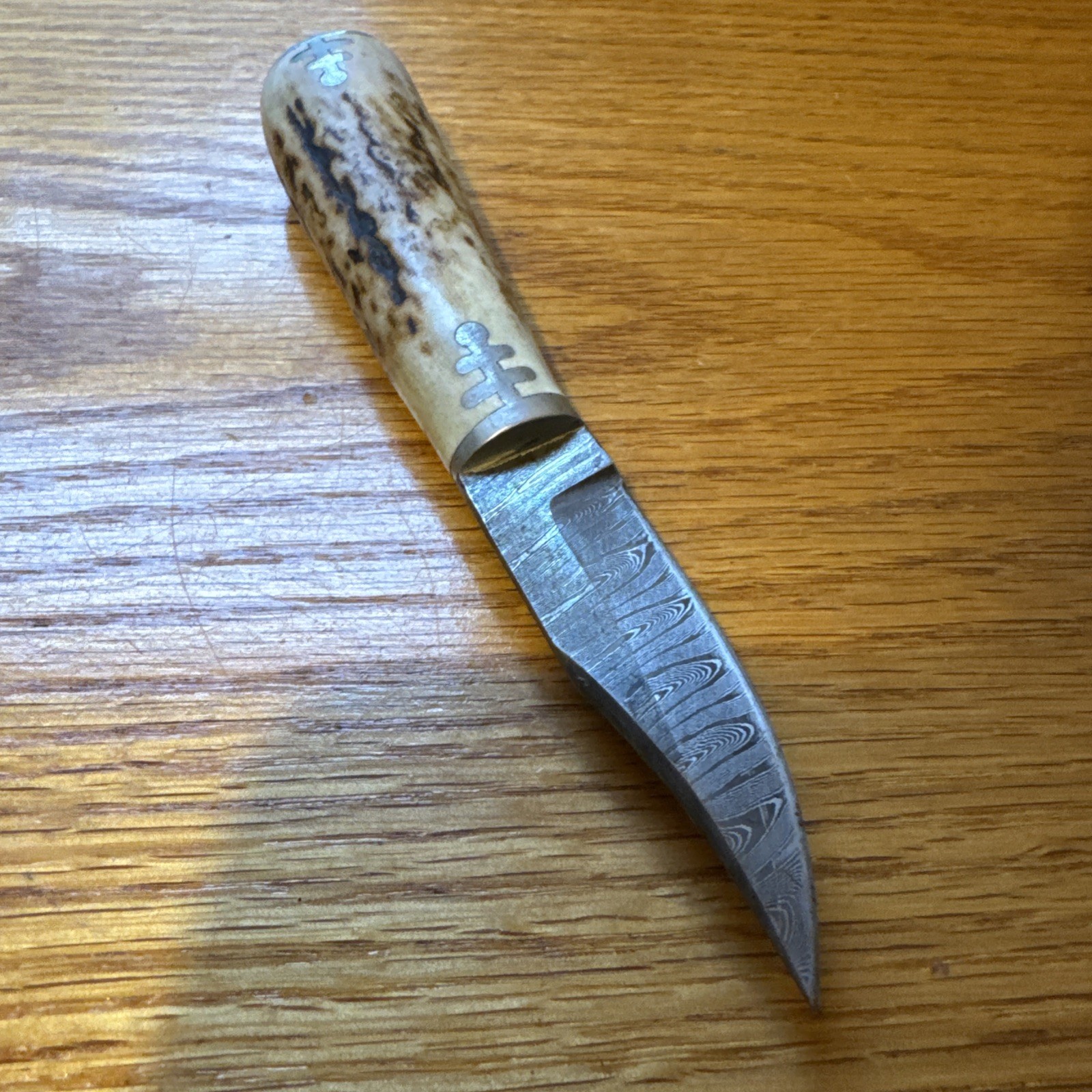 VINTAGE SKINNER-  Damascus Fixed Blade Knife by Kitt. Custom Antler And NICKLE