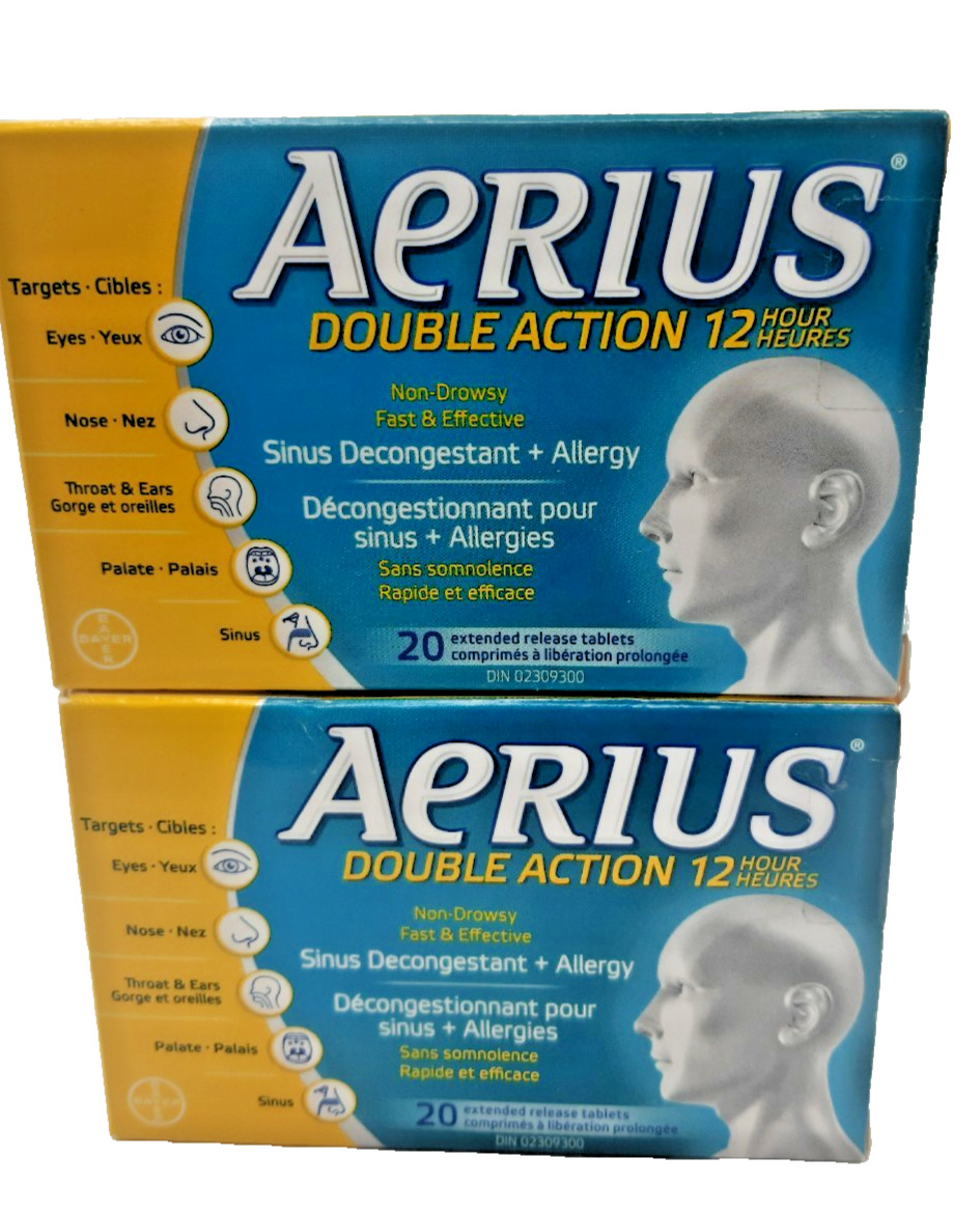 2X Aerius Double Action 12 Hour Sinus Allergy Relief 20 tablets EXP 2026 2X Aerius Double Action 12 Hour Sinus Allergy Relief 20 tablets EXP 2026