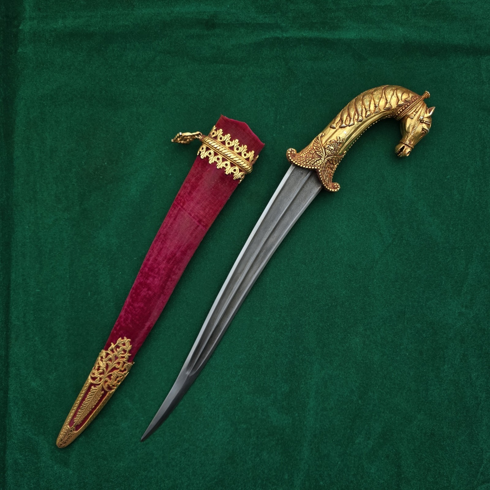 Vintage Mughal Style Islamic Gilt Horse Wootz Khanjar Dagger With Sheath 17" Vintage Mughal Style Islamic Gilt Horse Wootz Khanjar Dagger With Sheath 17"