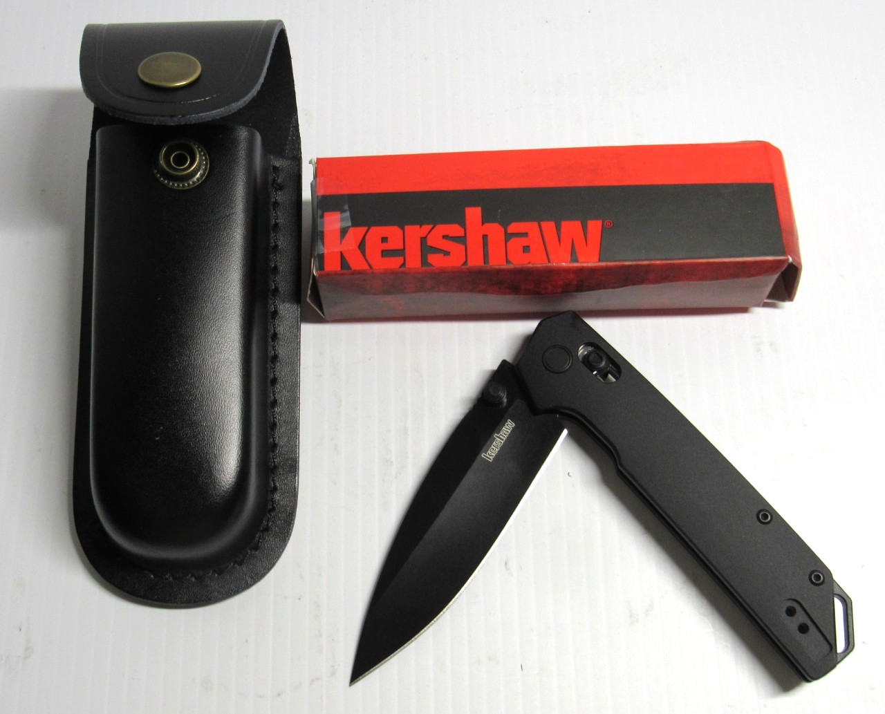 KERSHAW 2038KAR D2 BLACK 8" DuraLock Folding Pocket Knife+ Belt  Leather Sheath