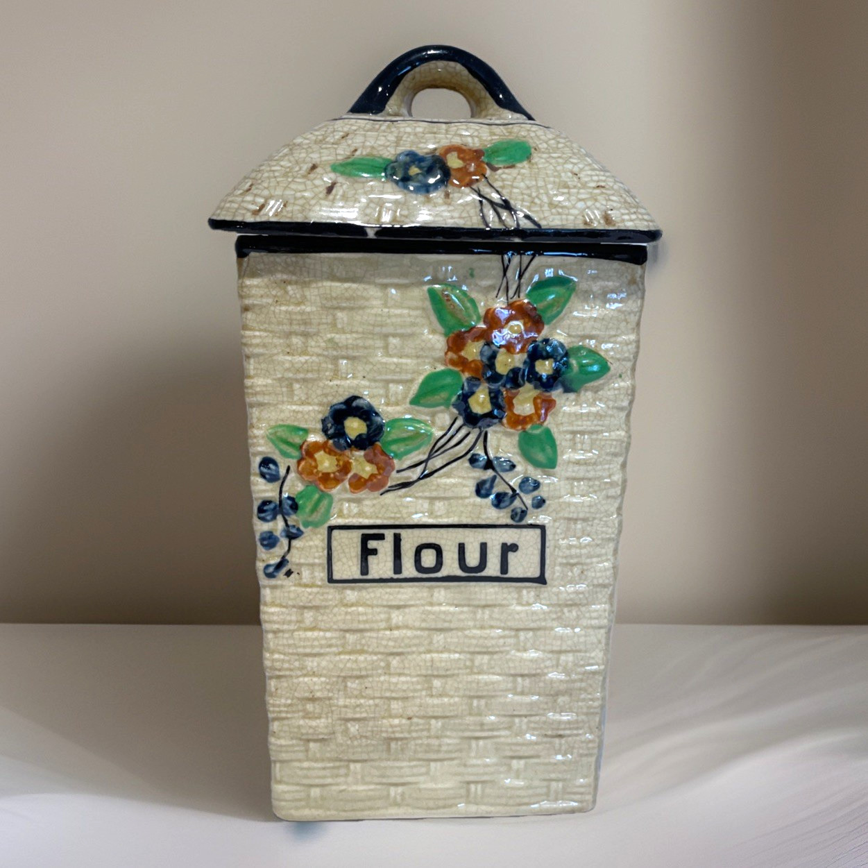 Antique Hotta Yu Shoten Basketweave Flour Canister Majolica Blossom Japan 1920s Antique Hotta Yu Shoten Basketweave Flour Canister Majolica Blossom Japan 1920s