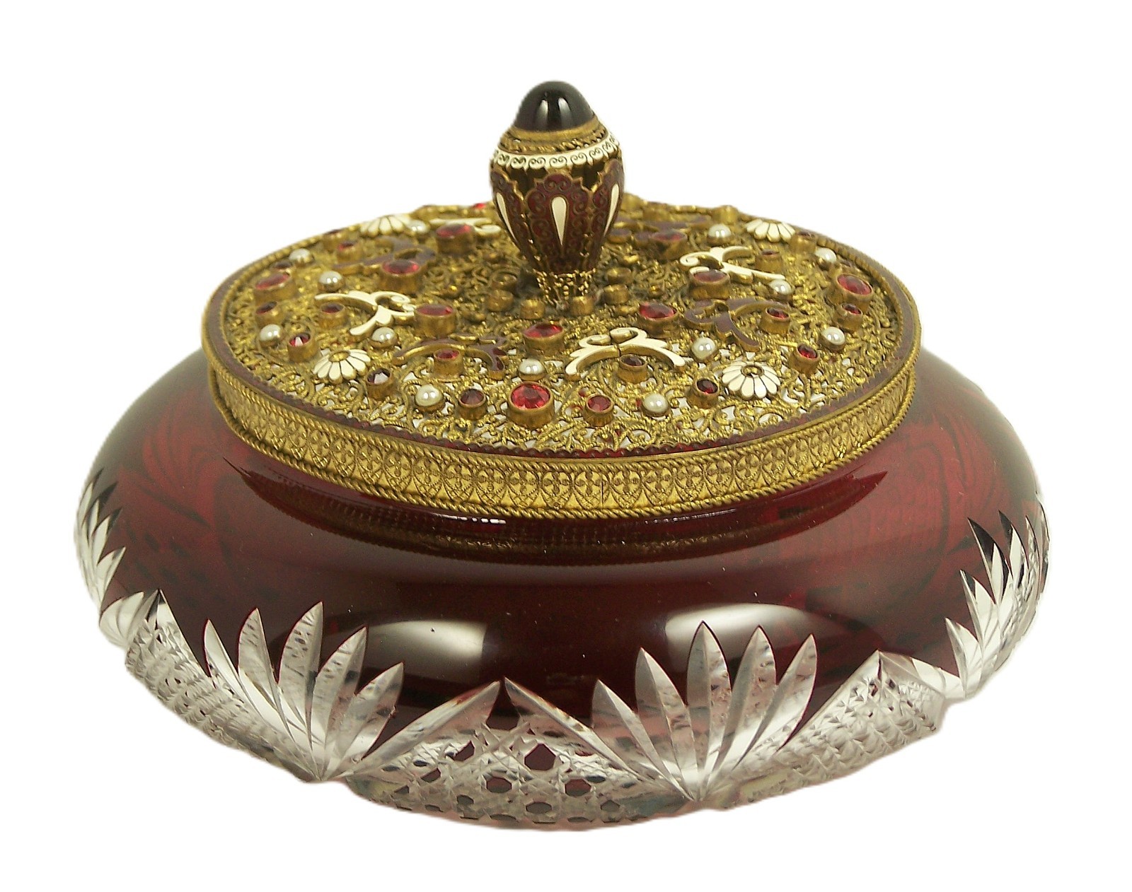 Antique Ruby Cut to Clear Crystal Trinket Box Jar Jeweled Ormolu Lid Dresser Jar