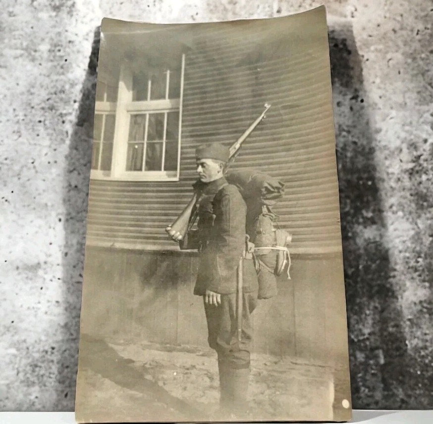 WWI Era Soldier Bill Martins in Uniform Rifle Backpack Doughboy Military Photo WWI Era Soldier Bill Martins in Uniform Rifle Backpack Doughboy Military Photo