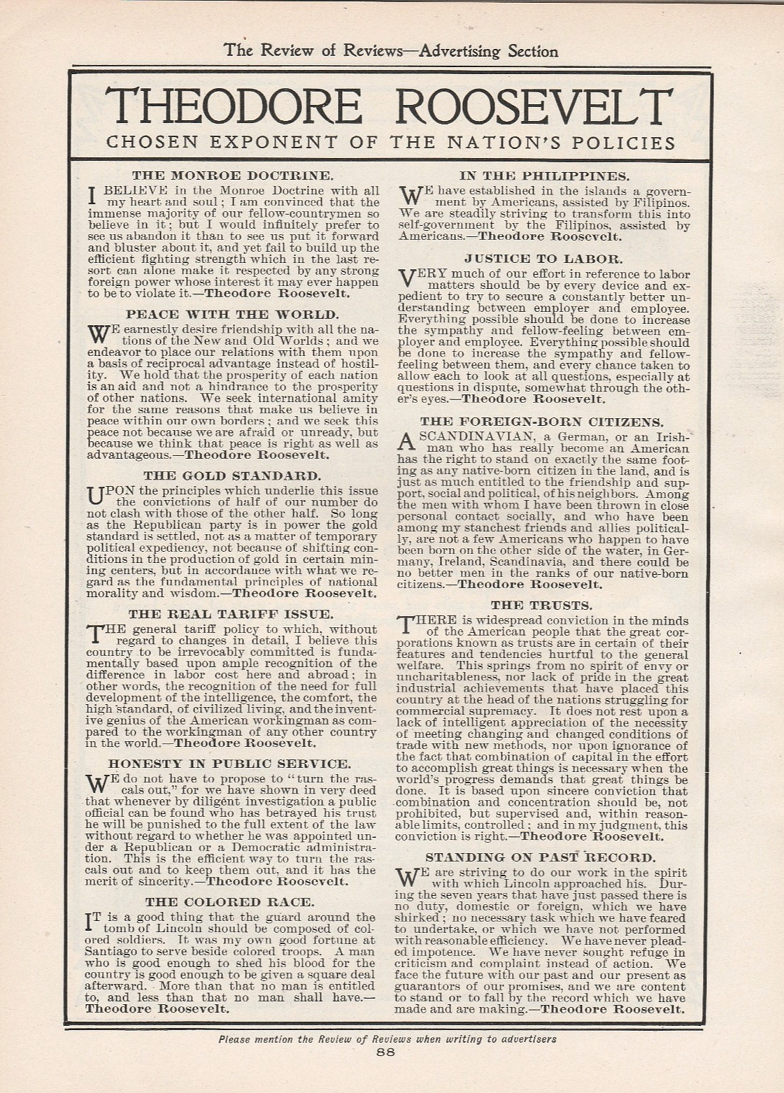 RARE Original 1904 Theodore Roosevelt Political Campaign Platform - Vtg Print Ad