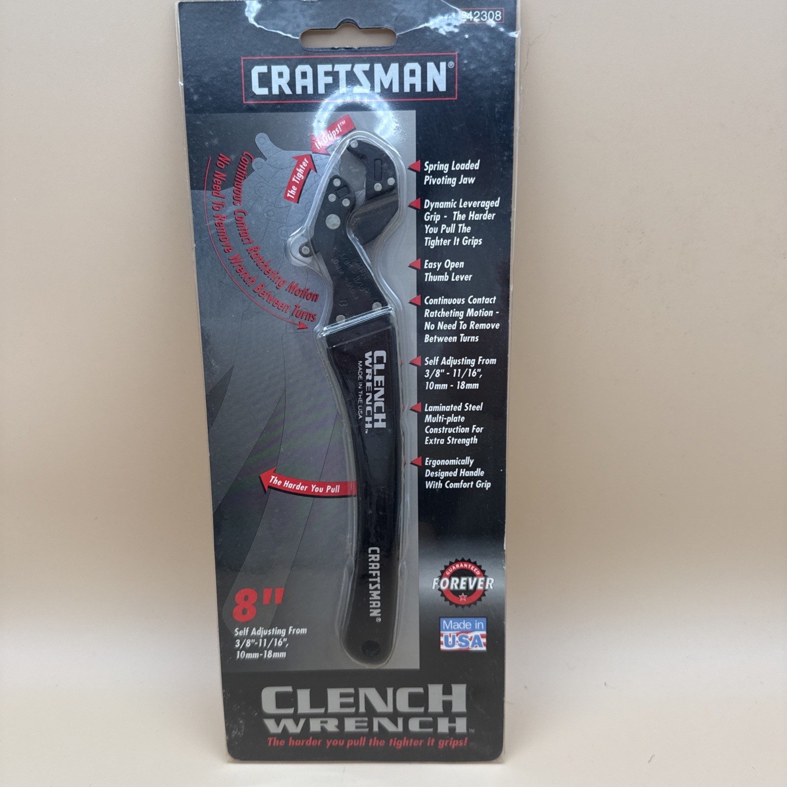 NOS Vintage SEARS Craftsman 8” Clench Wrench 42308 Made in USA on Hang Card NOS Vintage SEARS Craftsman 8” Clench Wrench 42308 Made in USA on Hang Card
