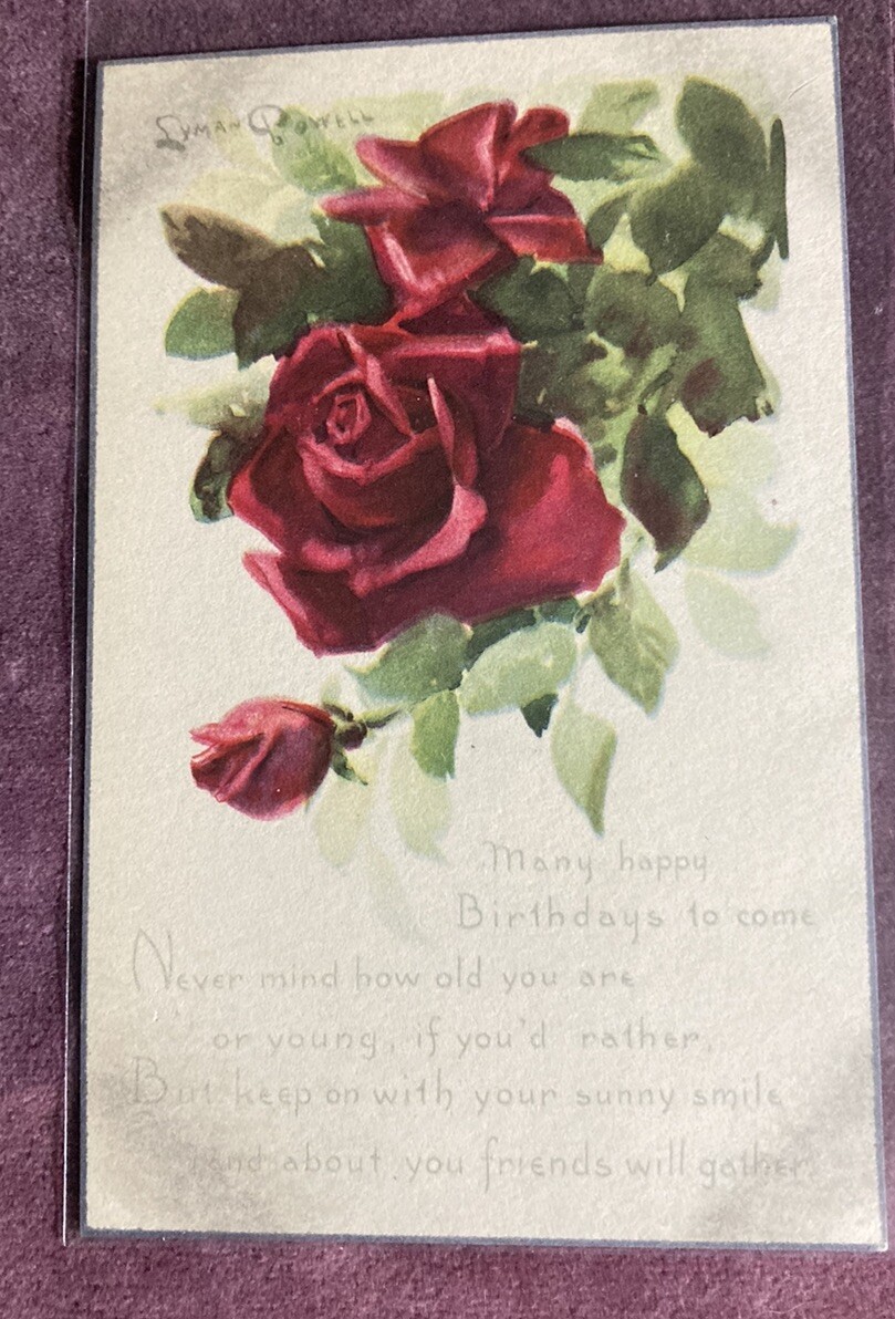 Antique 1910s Linen Postcard Signed Lyman Powell Birthday Series 133 Red Roses Antique 1910s Linen Postcard Signed Lyman Powell Birthday Series 133 Red Roses