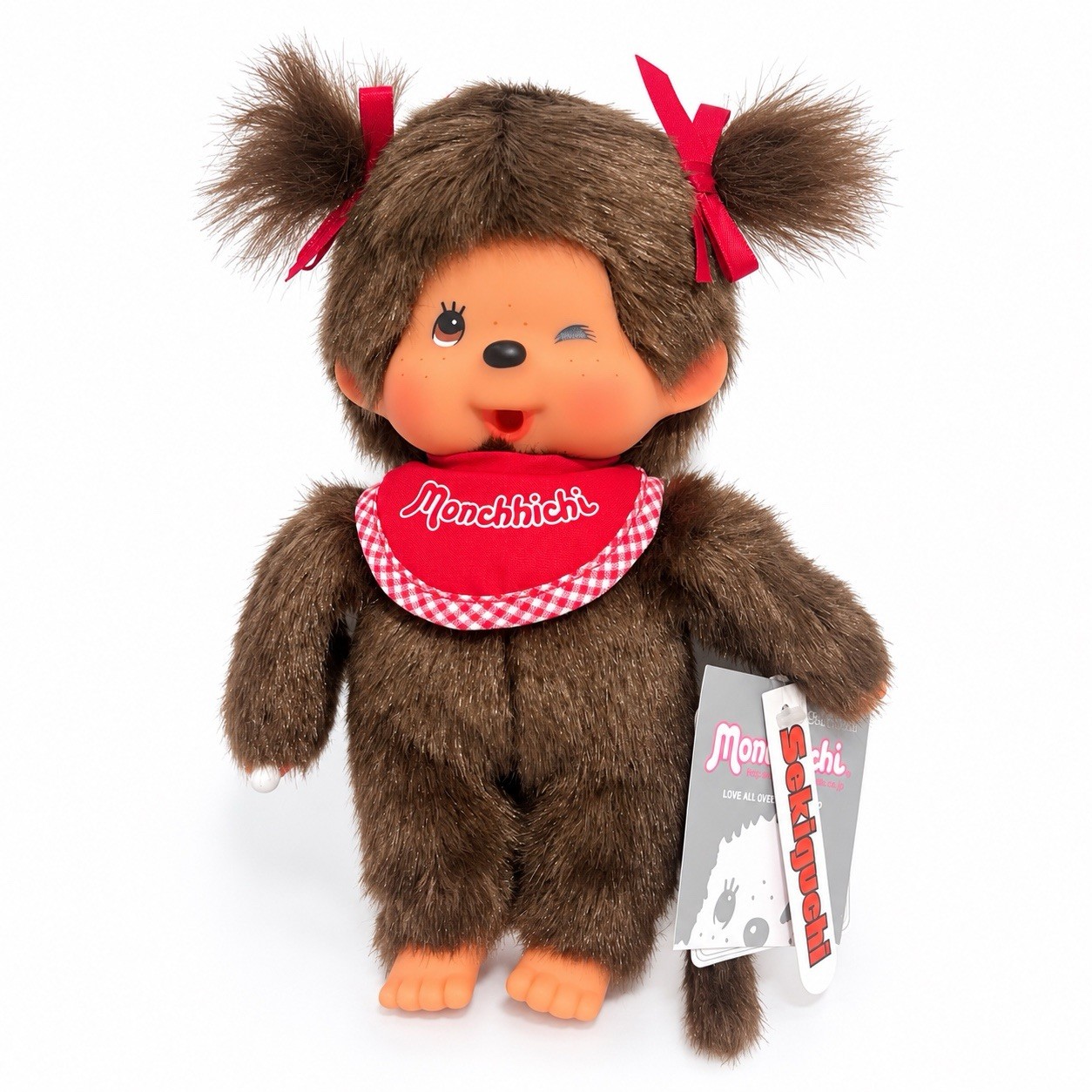 Sekiguchi Monchhichi Winking Girl Red Bib Pigtails 7 in Plush NWT Sekiguchi Monchhichi Winking Girl Red Bib Pigtails 7 in Plush NWT