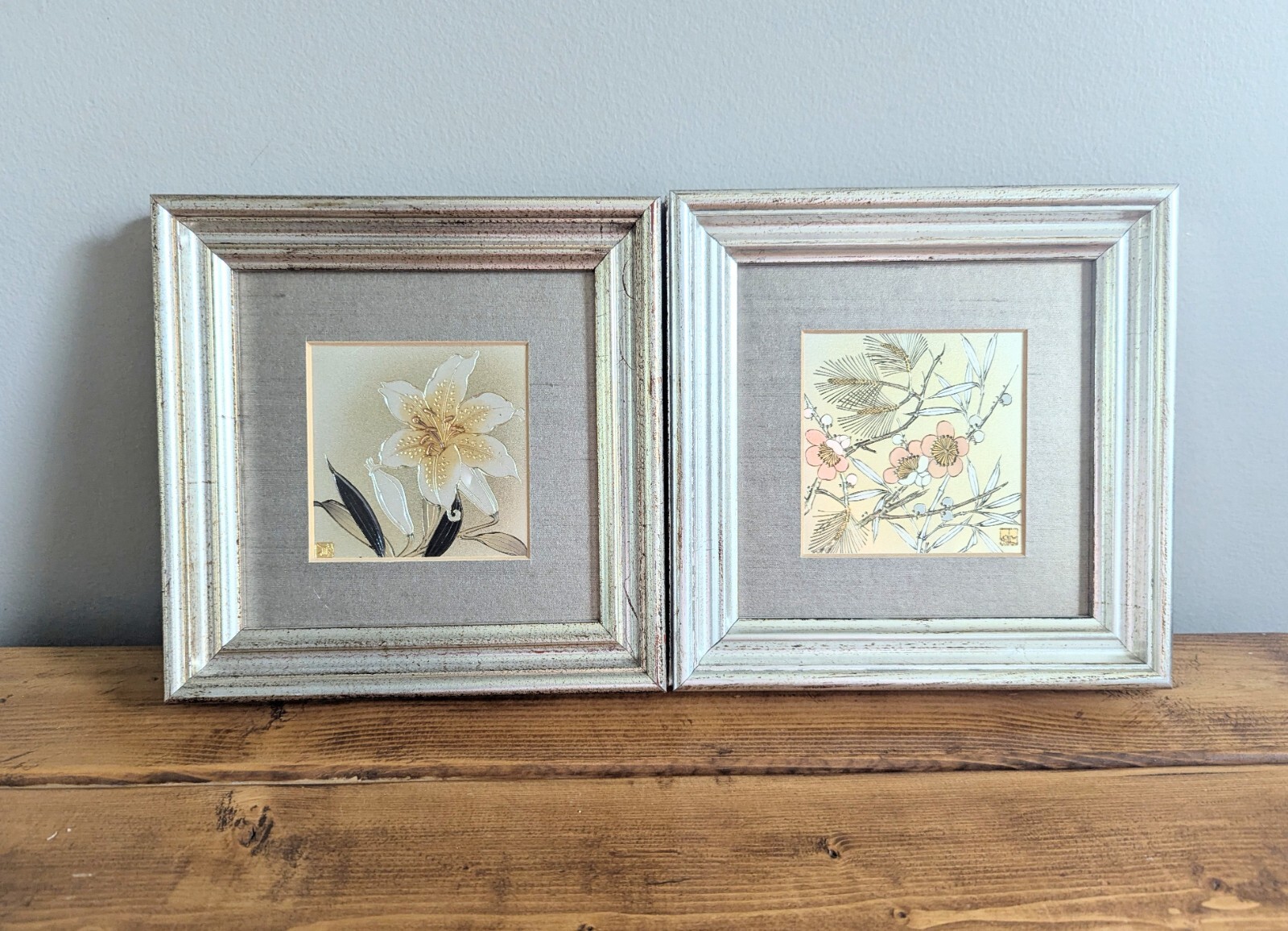 Japanese Cherry Blossom - Lily Lin Art Set of 2 Framed Chokin Gild Gold & Silver