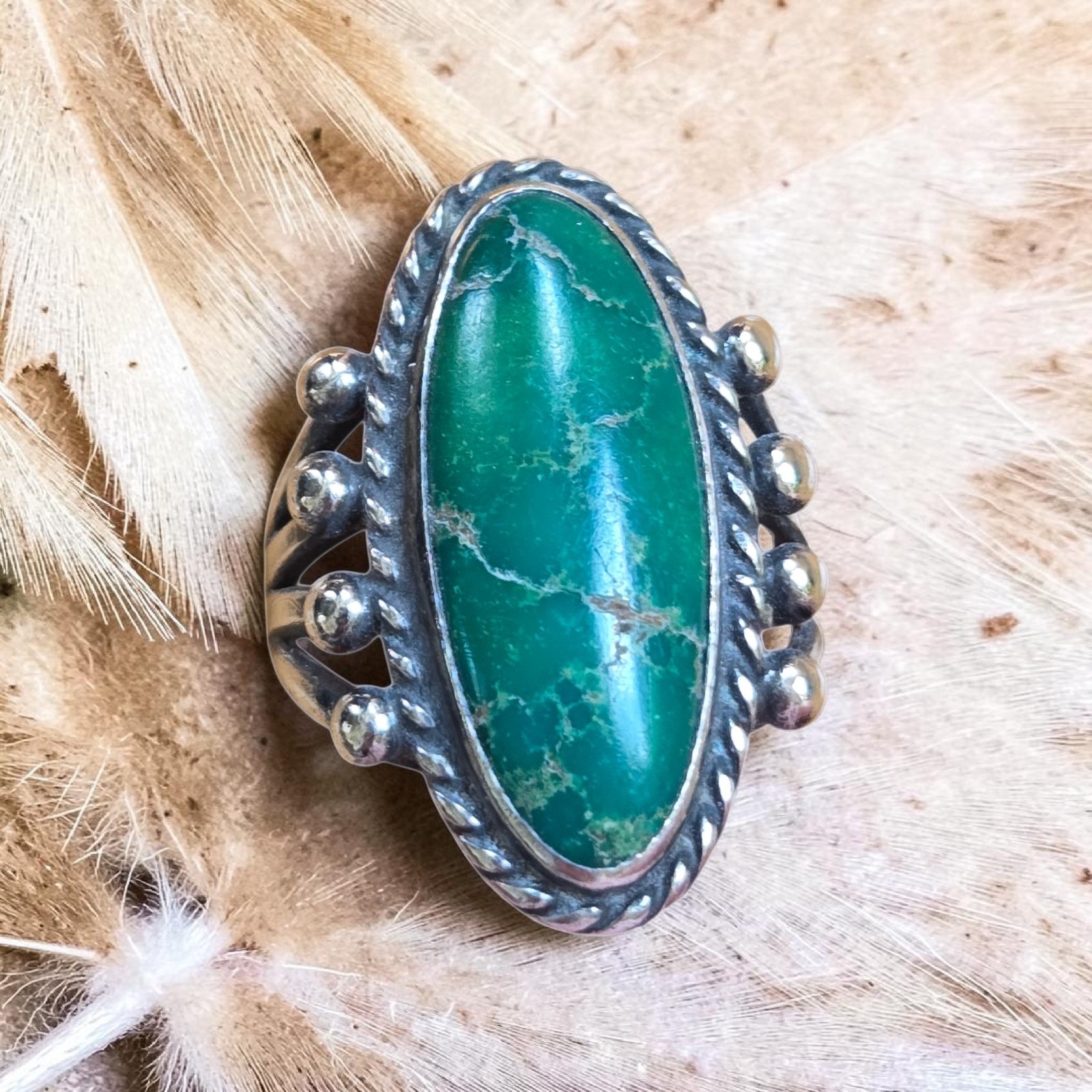 Old Pawn Antique Navajo Ring .900 Coin Silver and Deep Green Turquoise Size 6 ½ Old Pawn Antique Navajo Ring .900 Coin Silver and Deep Green Turquoise Size 6 ½