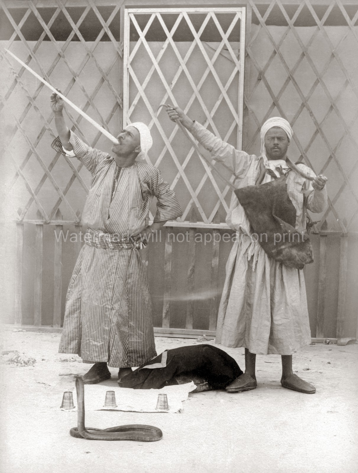 Egypt Snake Charmers Cobra Musicians Performers Street Scene Vtg. Photo 19thC.